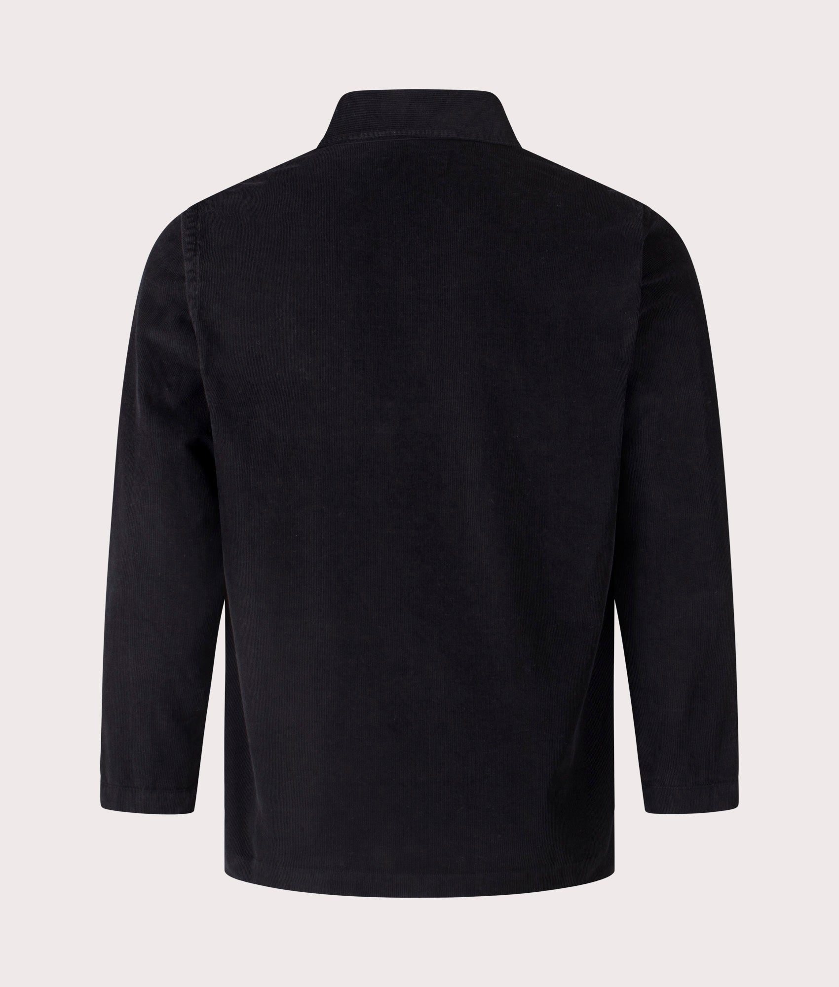 Universal Works Bakers Overshirt in Black at EQVVS Menswear. Back shot.