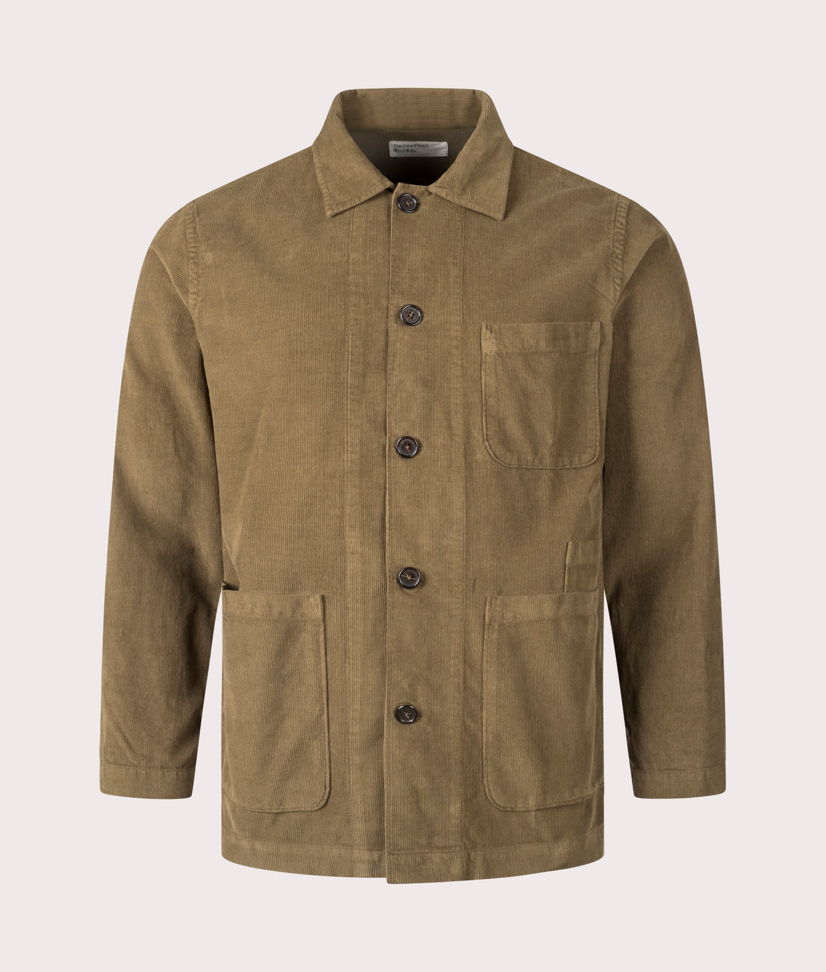 Bakers Overshirt in Khaki. 100% Organic Cotton  | Universal Works | Shot at EQVVS | Front shot 
