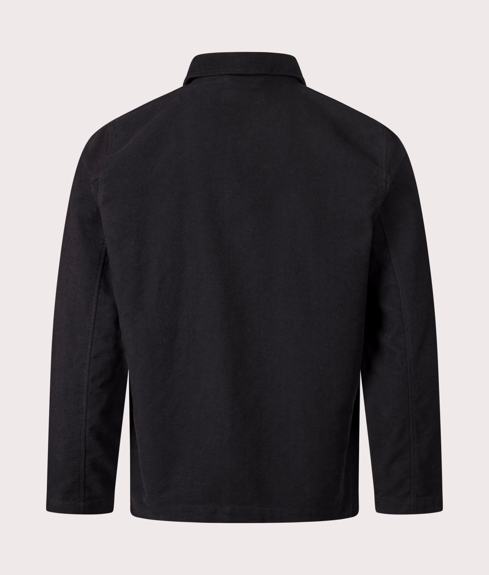Universal Works Comfort Moleskin Field Jacket in Black at EQVVS Menswear. Back shot.