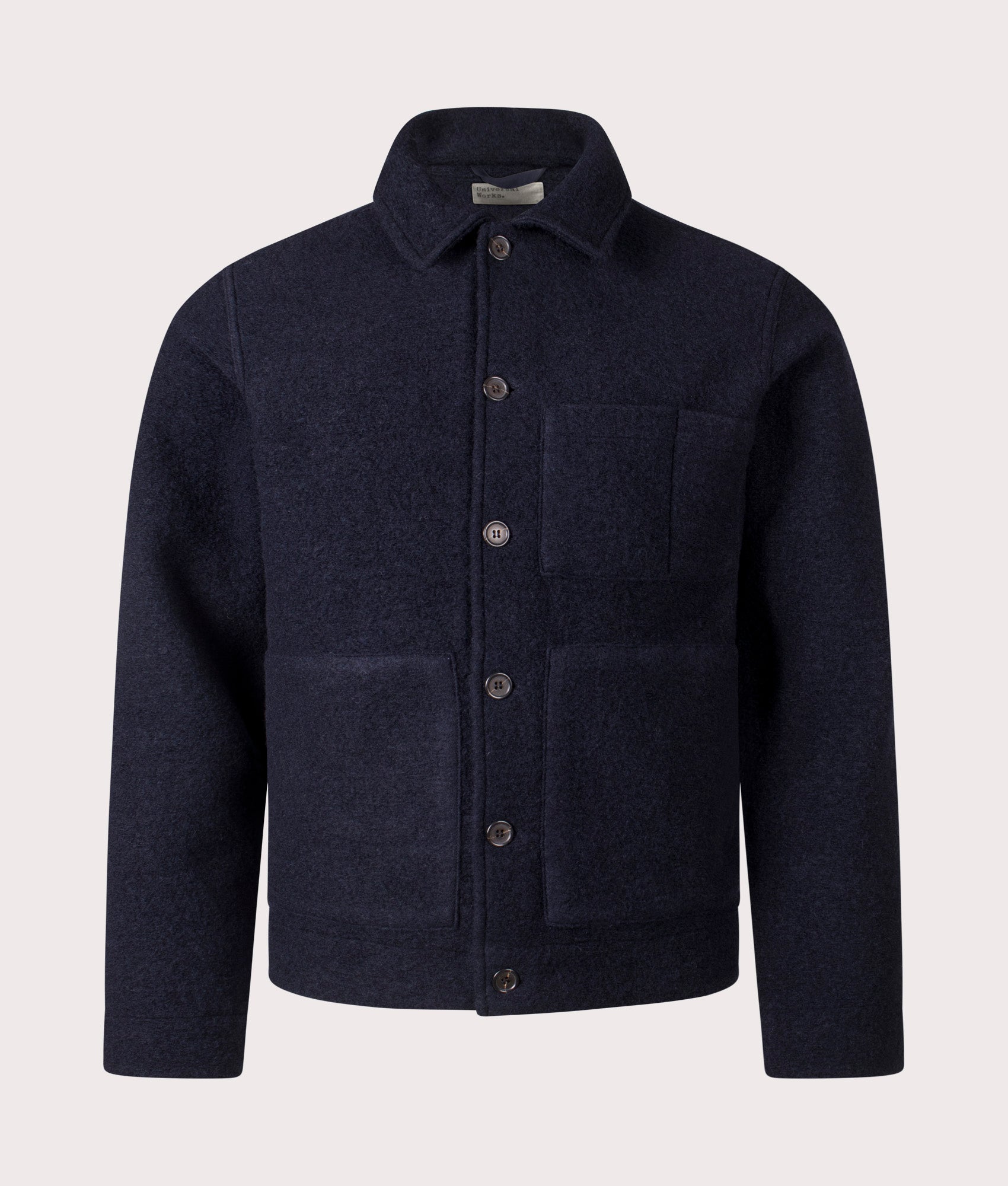Uniform Jacket in Navy. Wool-blend | Universal Works | Shot at EQVVS | Front shot 