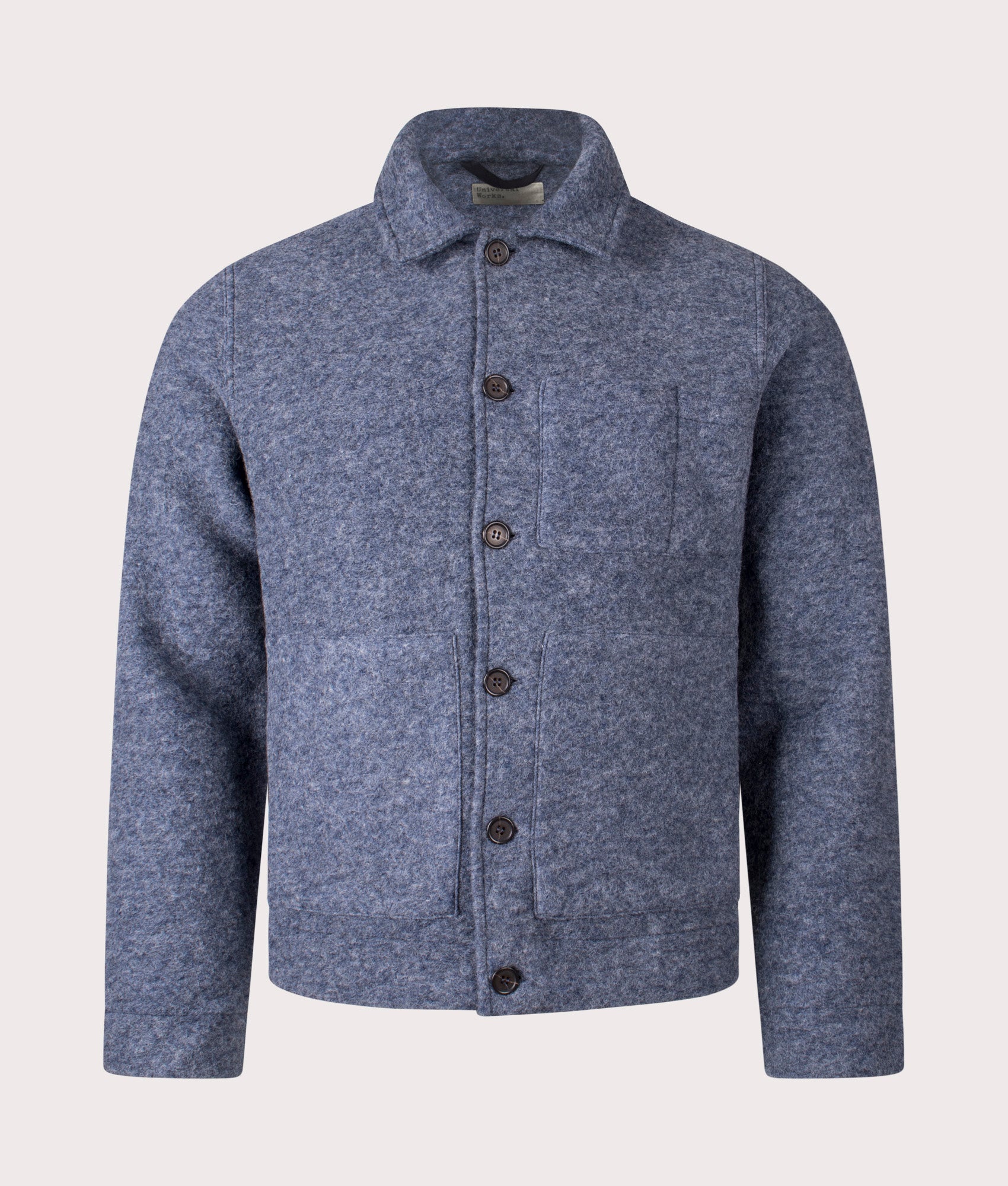 Universal Works Uniform Jacket in Slate Blue at EQVVS Menswear. Front shot 