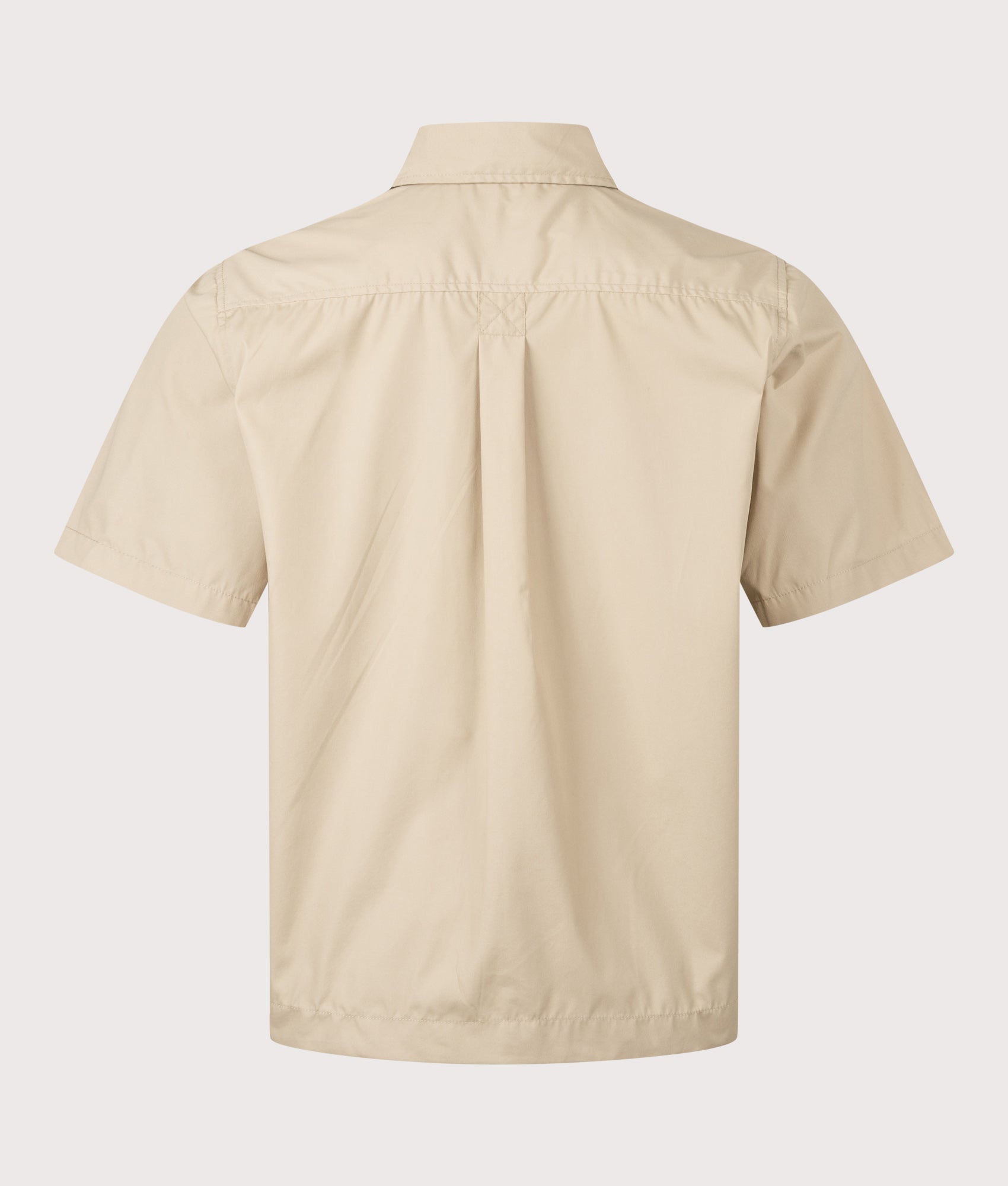 Universal Works Recycled Polytech Z Tech Overshirt in Sand at EQVVS Menswear. Back shot.