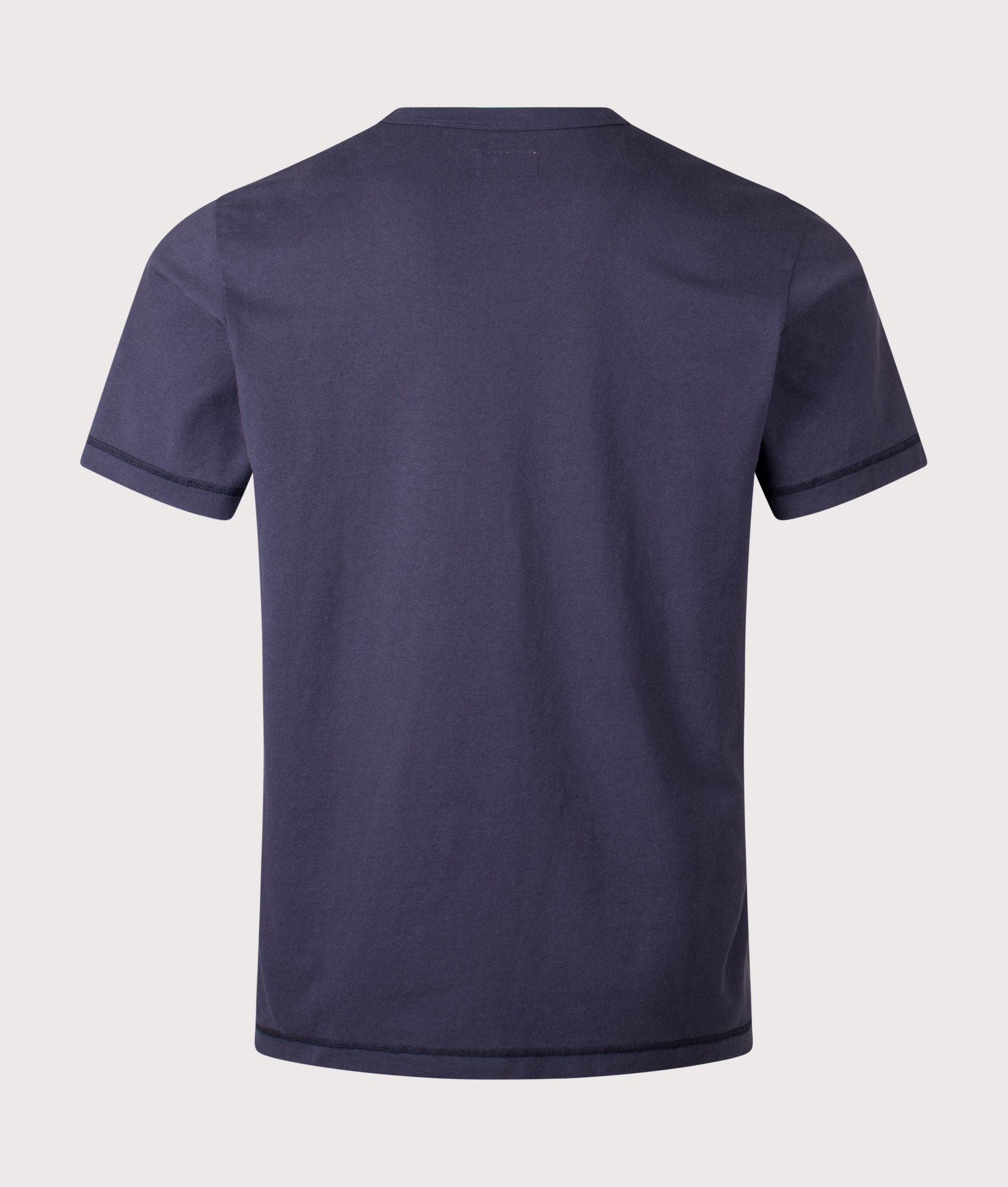 Universal Works Relaxed Fit Core Pocket T-Shirt in Navy at EQVVS Menswear. Back shot.