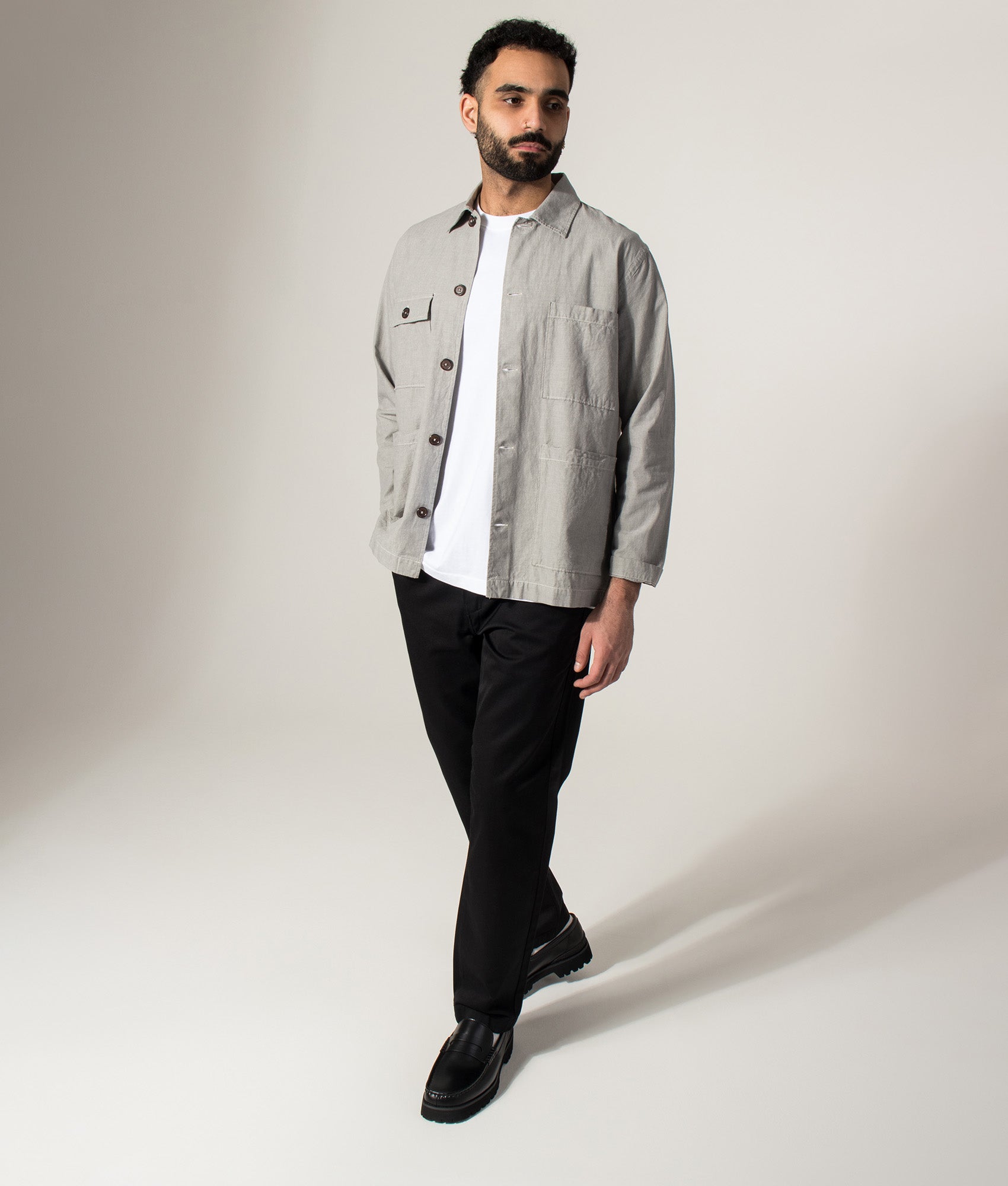 Universal Works Dockside Overshirt in Grey at EQVVS Menswear. Model full front shot.