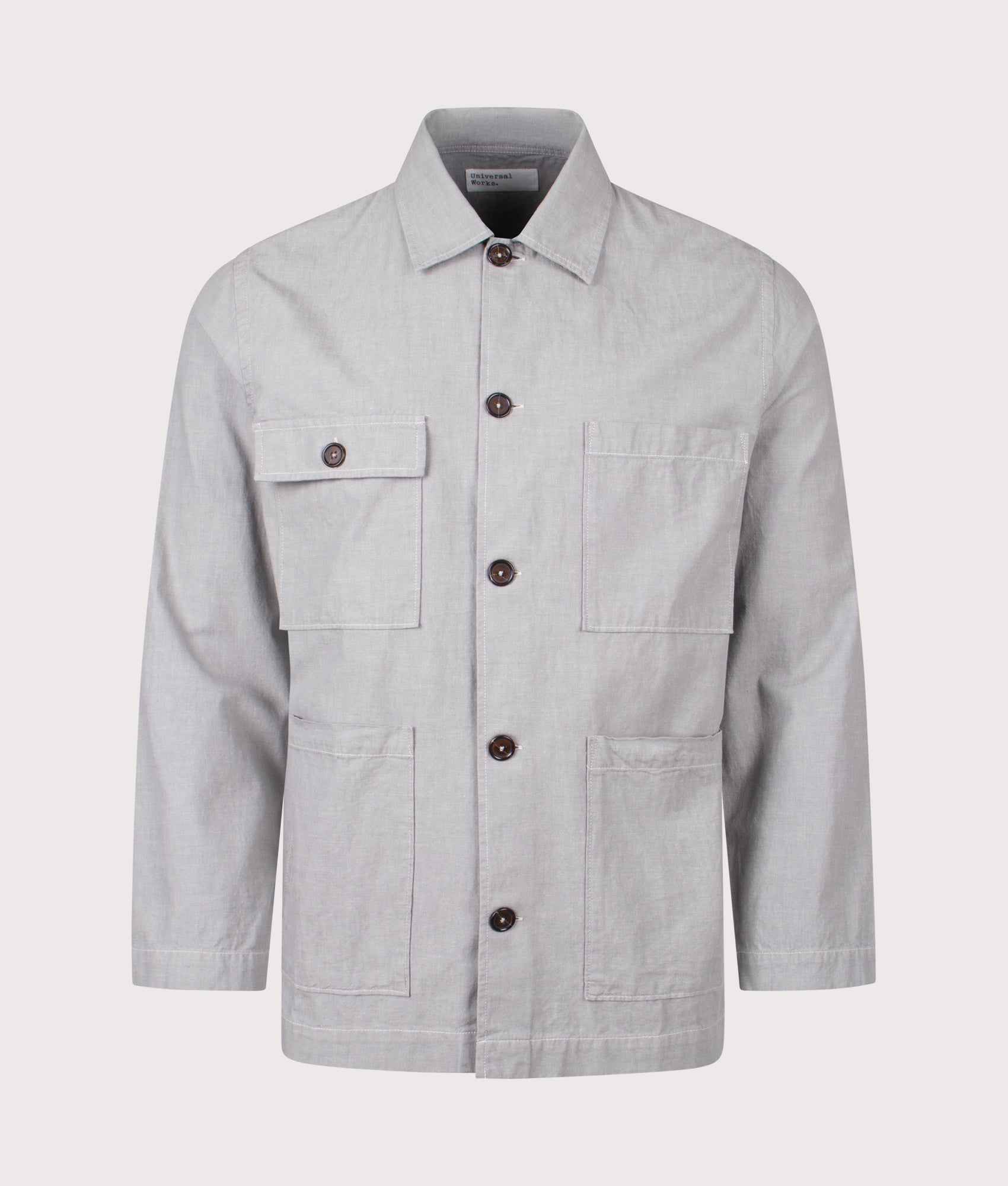 Universal Works Dockside Overshirt in Grey at EQVVS Menswear. Front shot.