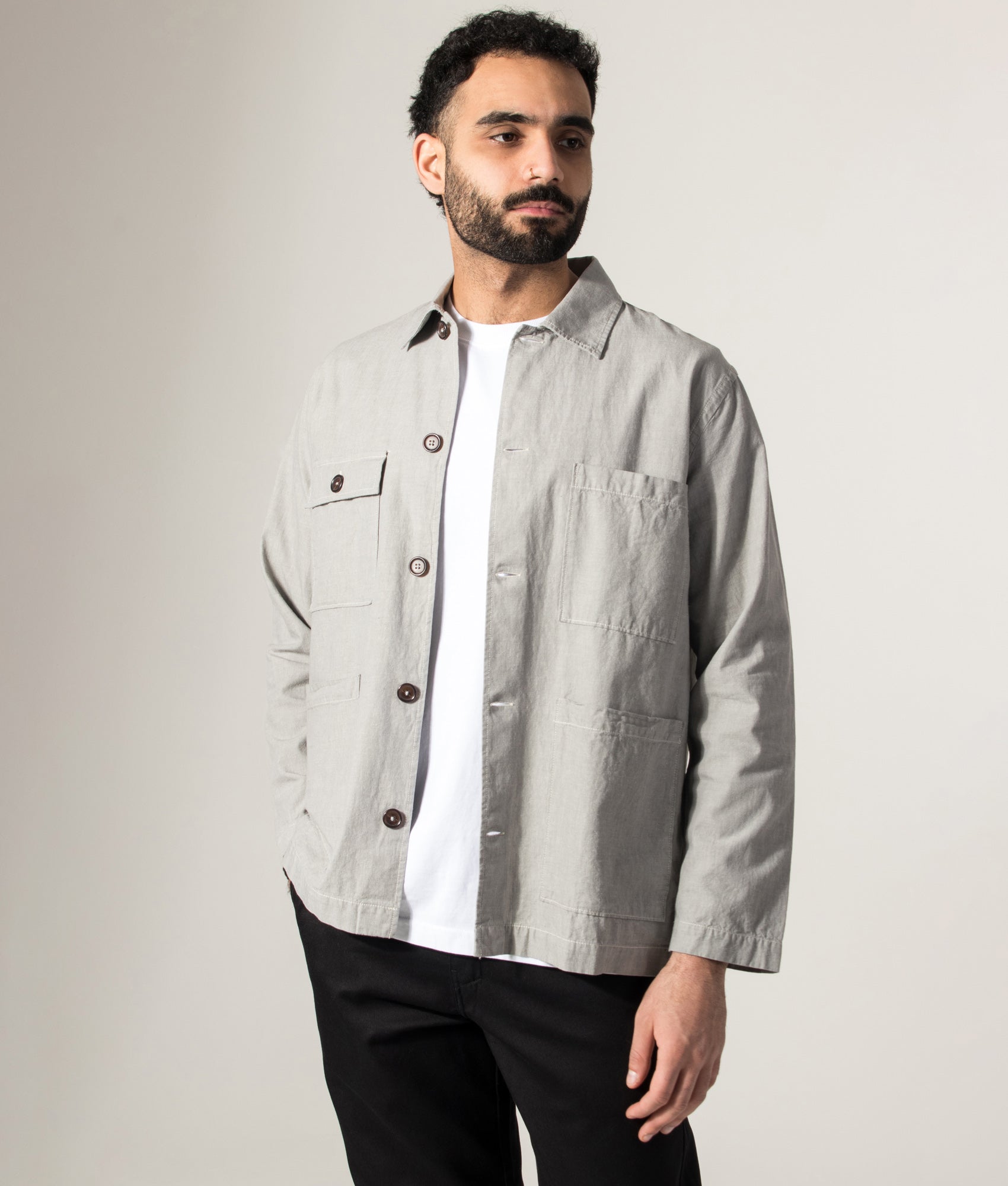 Universal Works Dockside Overshirt in Grey at EQVVS Menswear. Model front shot.
