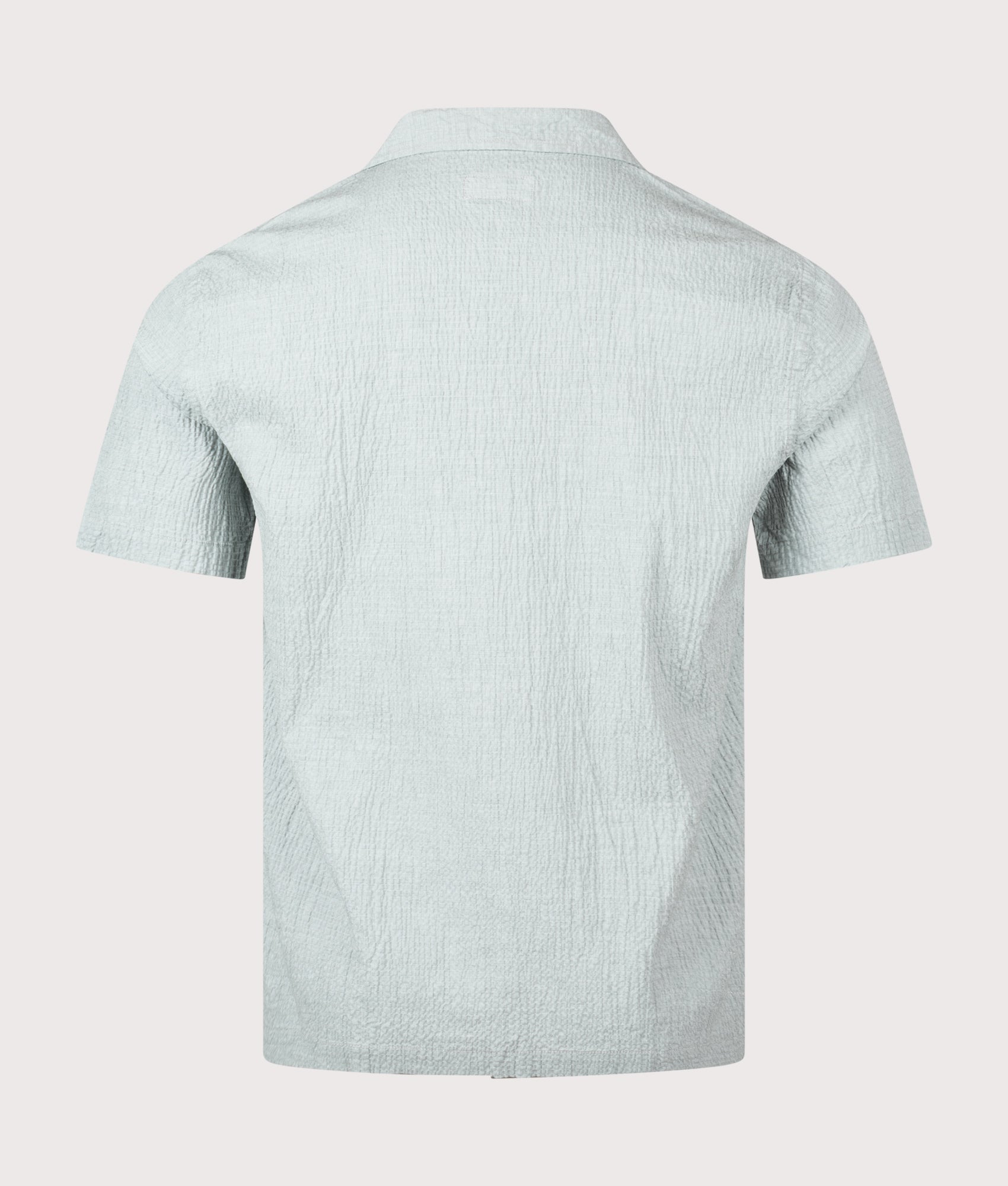 Universal Works Short Sleeve Seersucker Road Shirt in Green at EQVVS Menswear. Back shot.