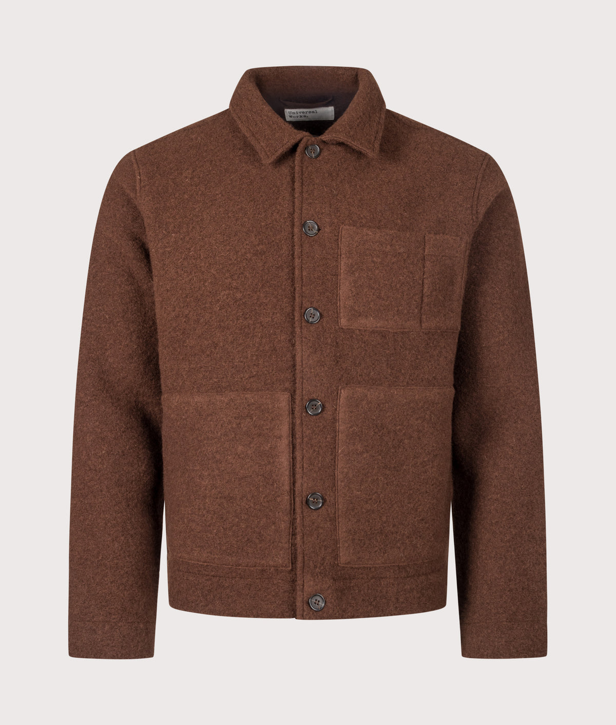 Universal Works Uniform Jacket in Cacao at EQVVS Menswear. Front shot.
