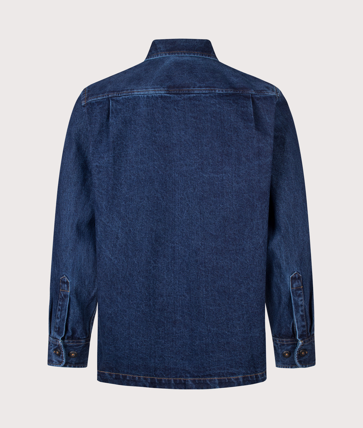 Universal Works Relaxed Fit Fatigue Shirt in Indigo at EQVVS Menswear. Back shot.