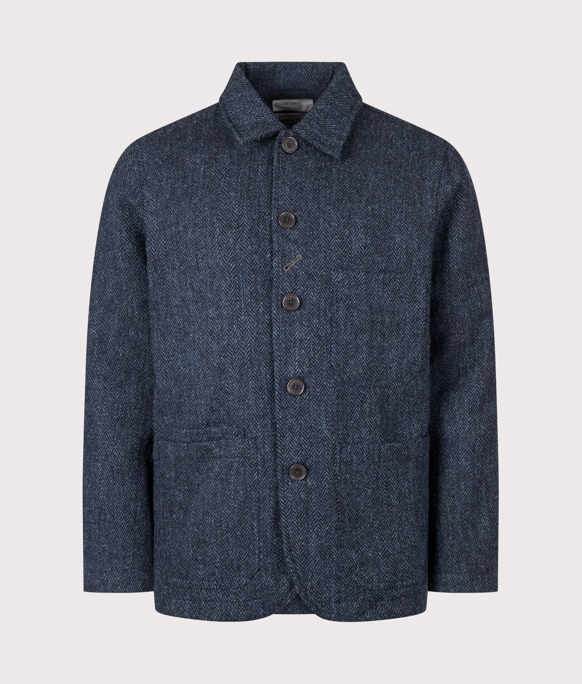 Universal Works Loose Fit Harris Tweed OG Bakers Jacket in Blue and Black at EQVVS Menswear. Front shot.