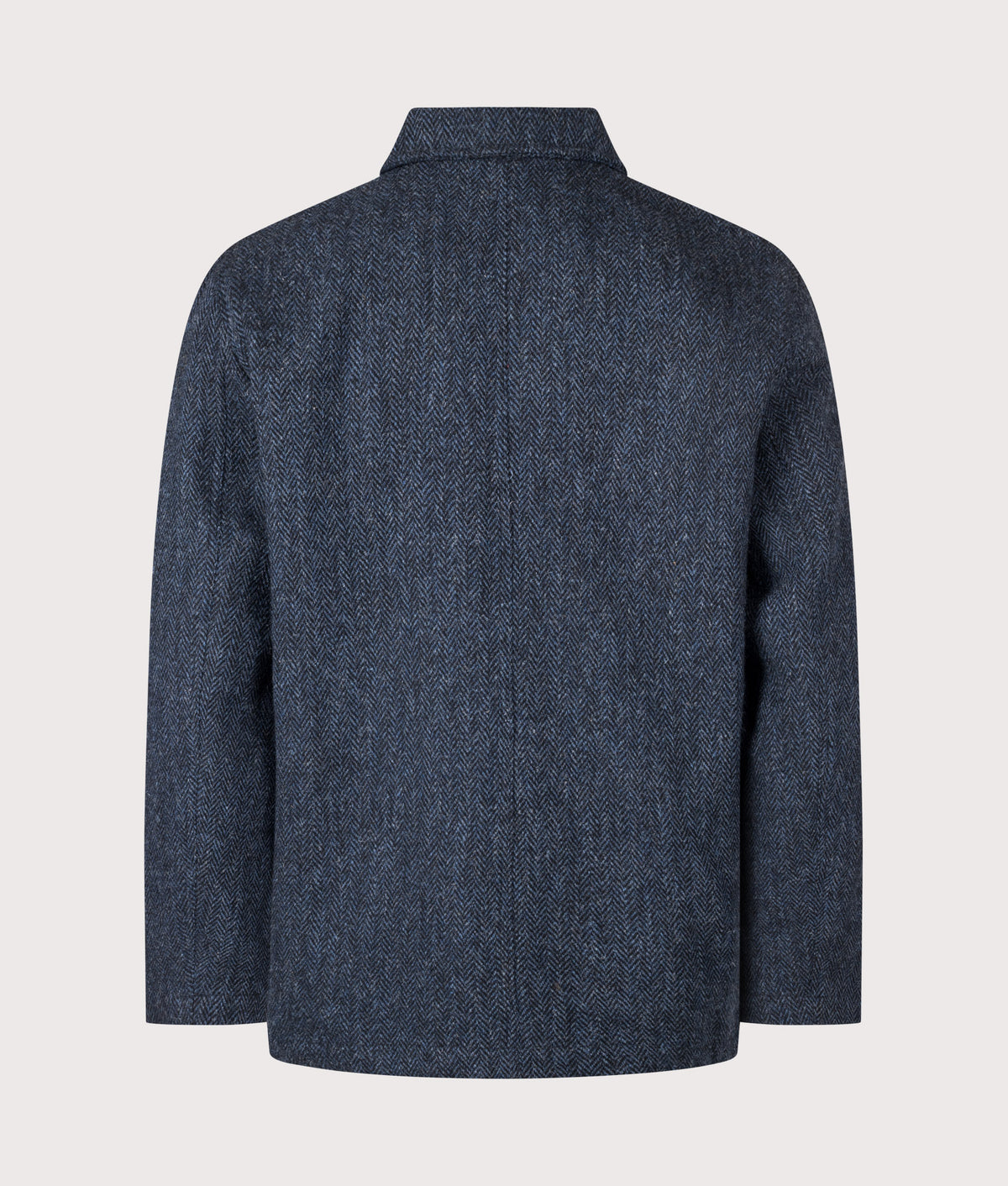 Universal Works Loose Fit Harris Tweed OG Bakers Jacket in Blue and Black at EQVVS Menswear. Back shot.