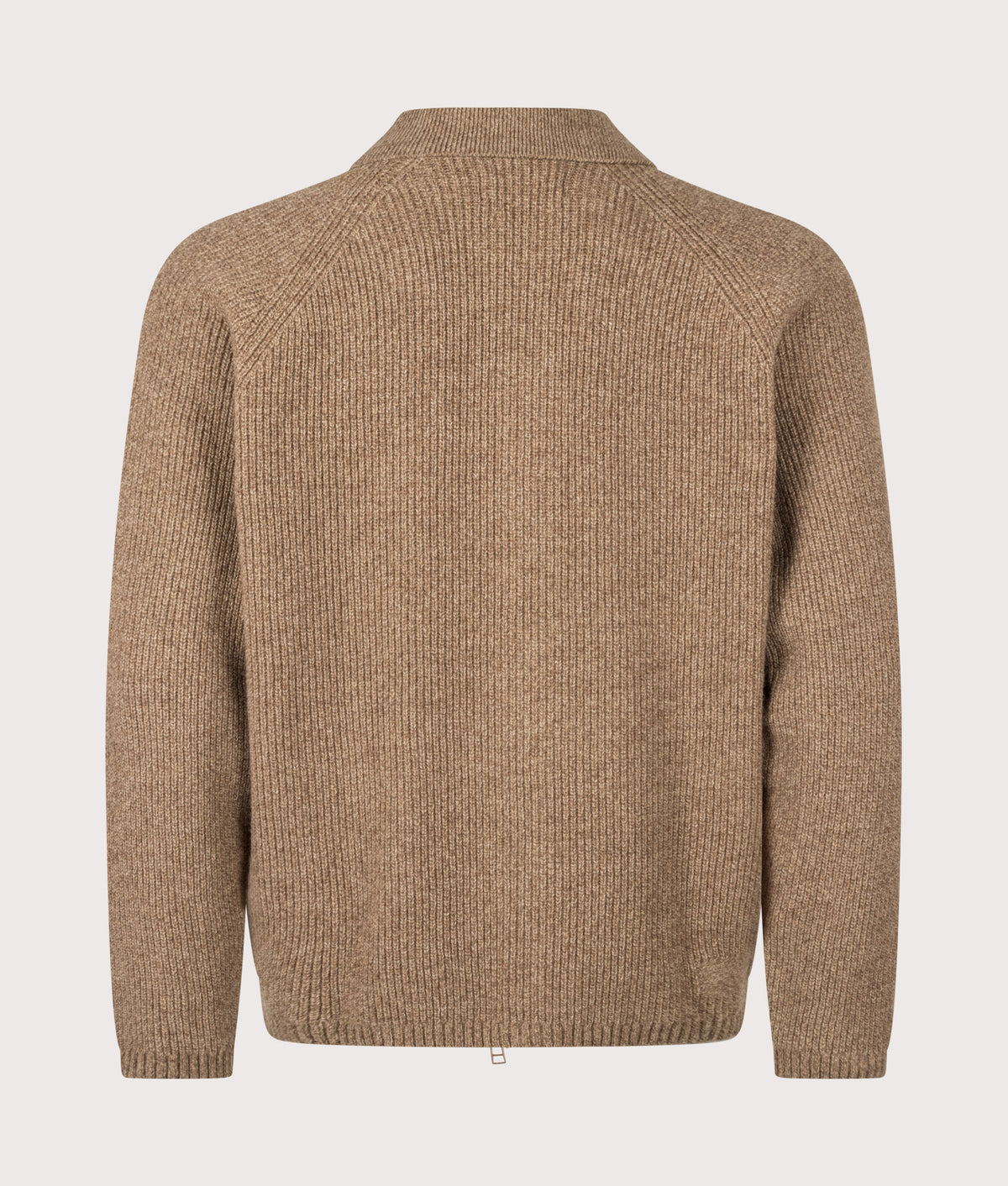 Universal works Relaxed Fit Eco Wool Zip Through Cardigan in Tawny at EQVVS Menswear. Back shot.