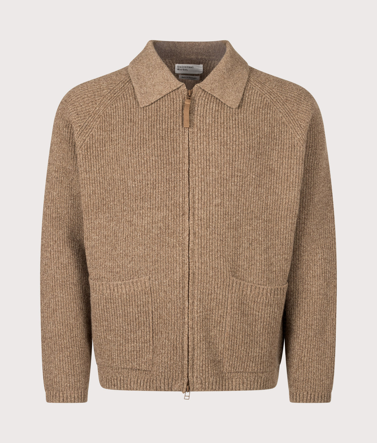 Universal works Relaxed Fit Eco Wool Zip Through Cardigan in Tawny at EQVVS Menswear. Front shot.