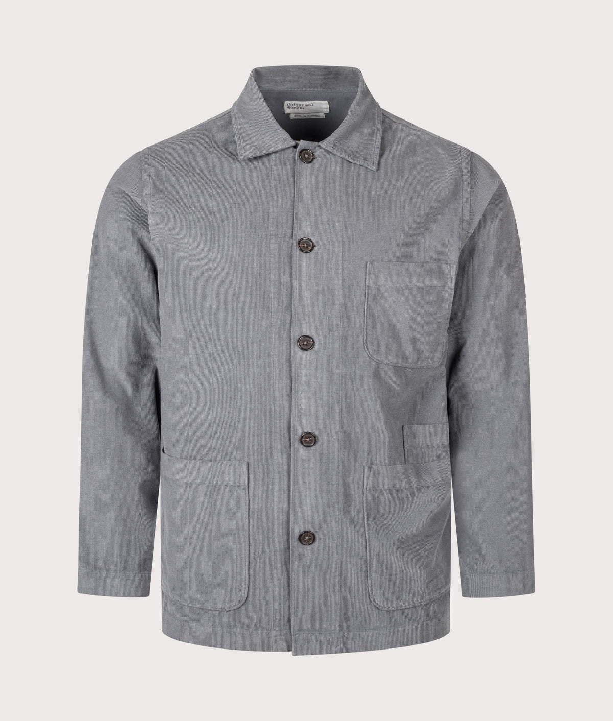 Universal Works Bakers Overshirt in Grey at EQVVS menswear. Front shot.