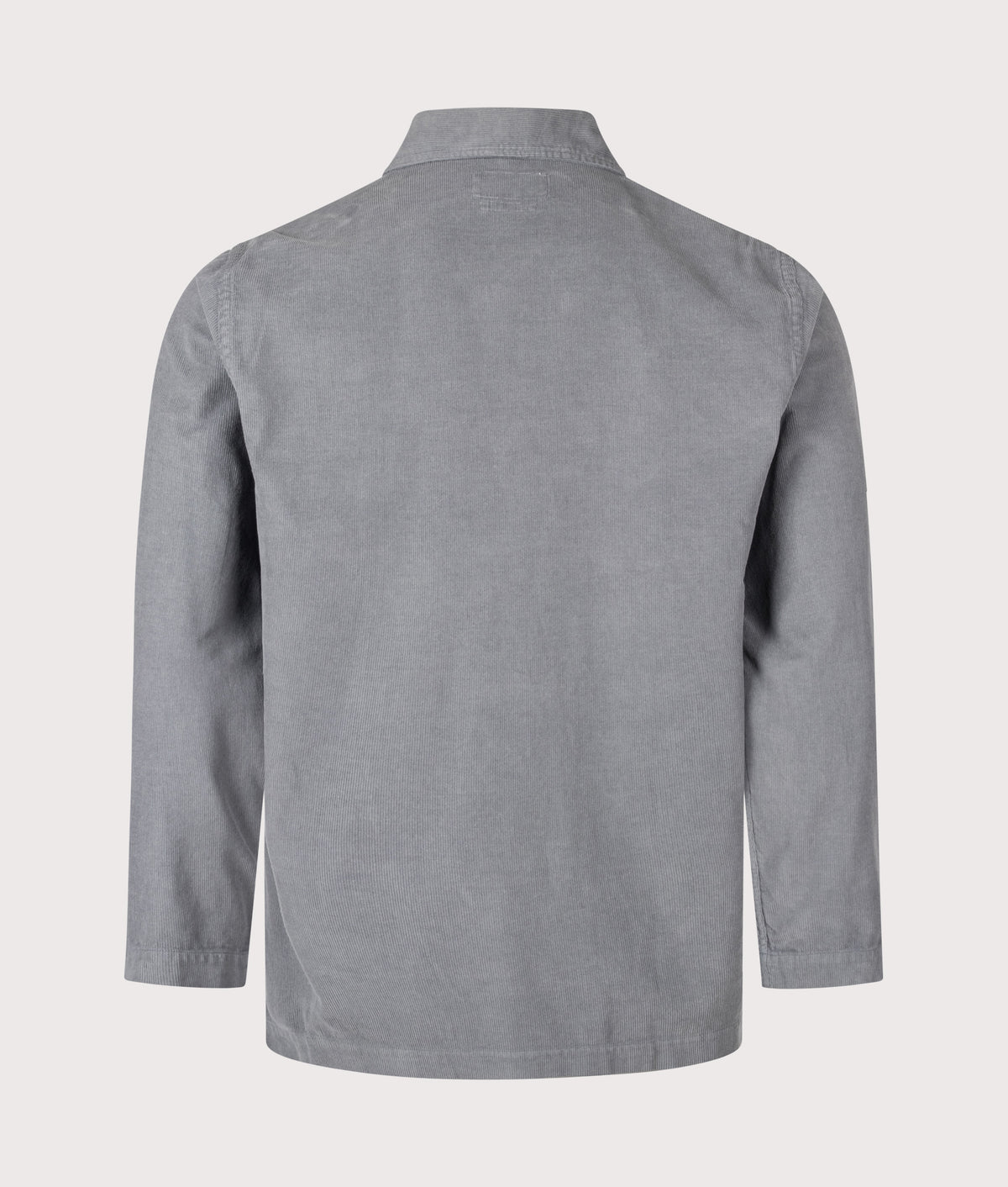 Universal Works Bakers Overshirt in Grey at EQVVS menswear. Back shot.
