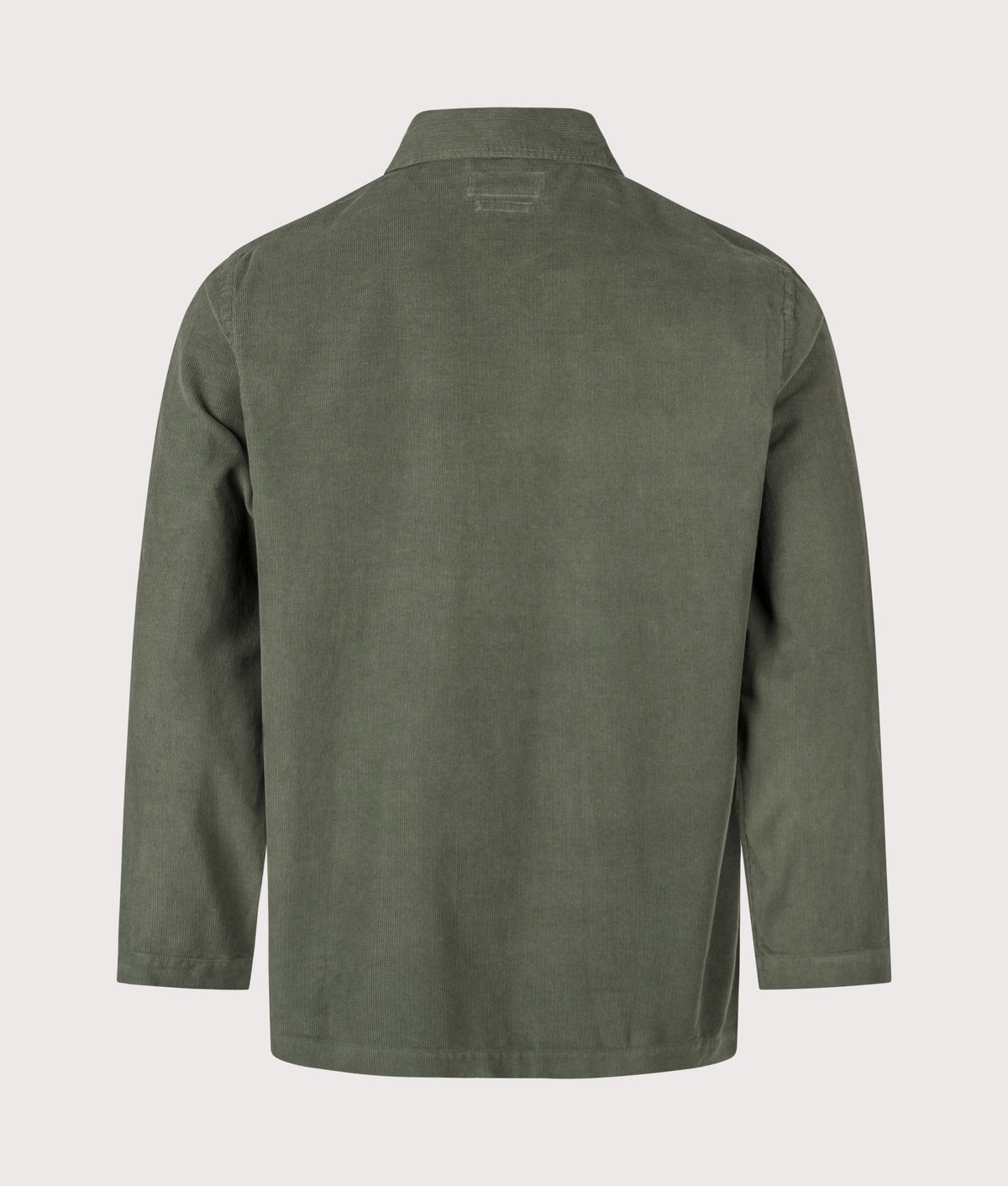 Universal Works Bakers Overshirt in Olive at EQVVS Menswear. Back shot.