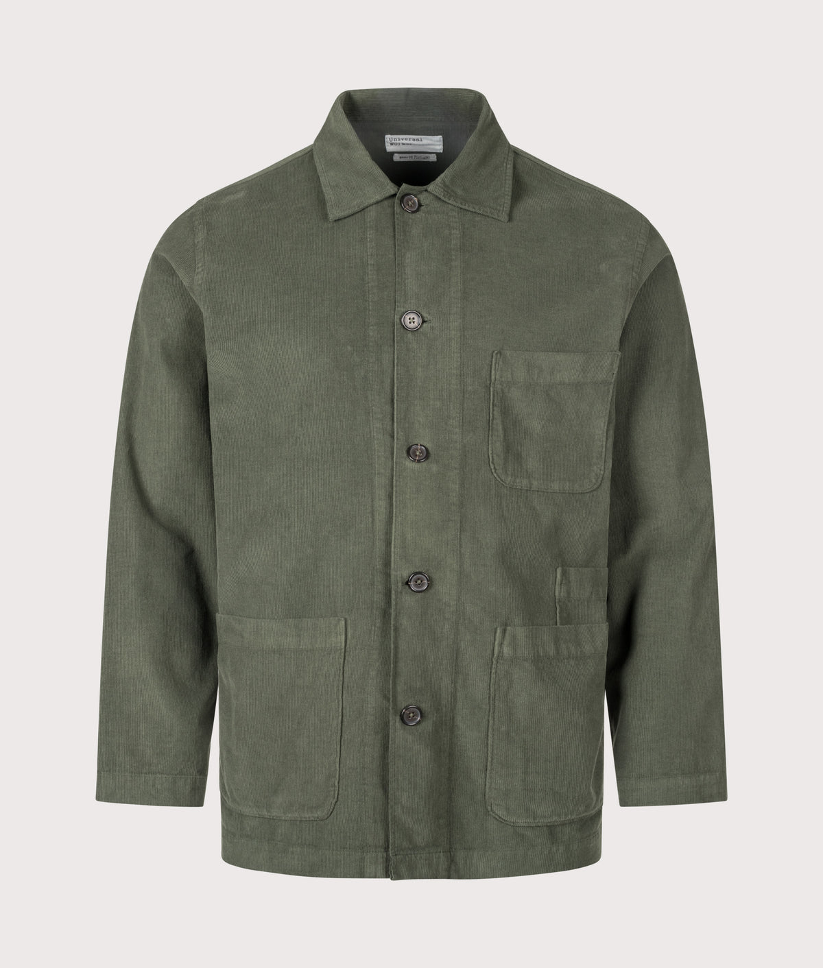 Universal Works Bakers Overshirt in Olive at EQVVS Menswear. Front shot.