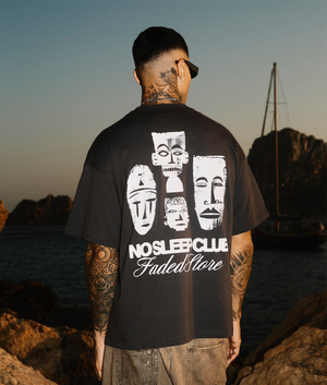FADED Relaxed Fit NSC Tribe T-Shirt in Slate at EQVVS Menswear. Campaign shot.