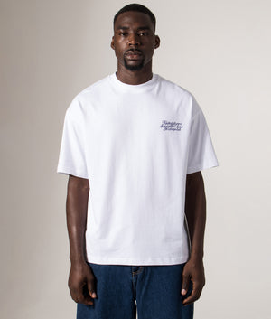 Faded Relaxed Fit NSC Face T-Shirt in White at EQVVS Menswear. Model front shot.