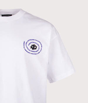 Relaxed Fit NSC Circle Eye T-Shirt in White | 100% Cotton | Faded | Shot at EQVVS | Front detail shot 