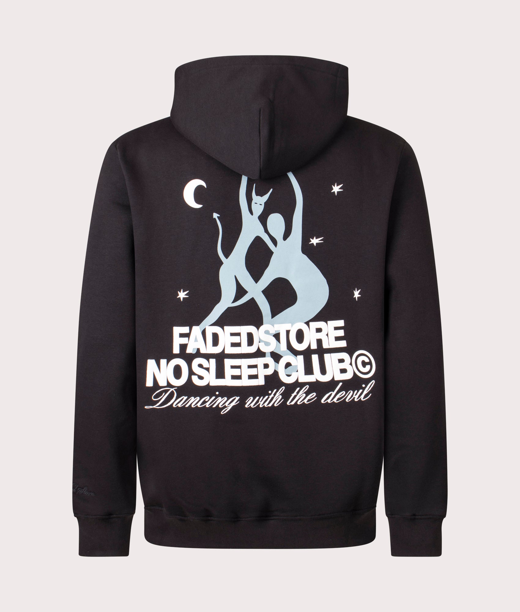 Faded Relaxed Fit NSC Devil Hoodie in Black at EQVVS Menswear. Back shot.