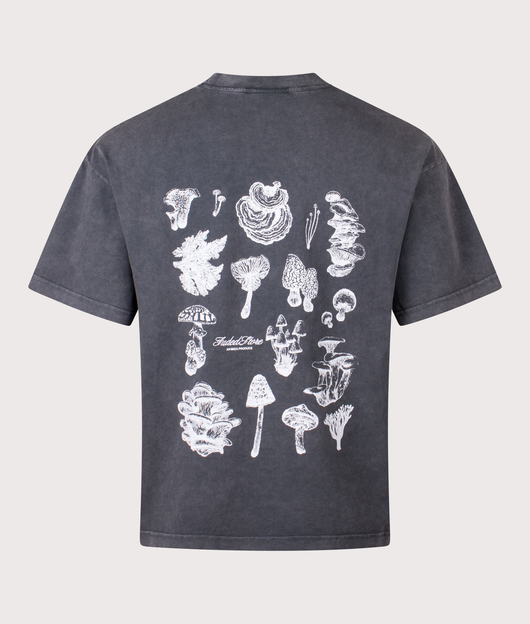 FADED Relaxed Fit Mushroom Sketch T-Shirt in Washed Black at EQVVS Menswear. Back shot.