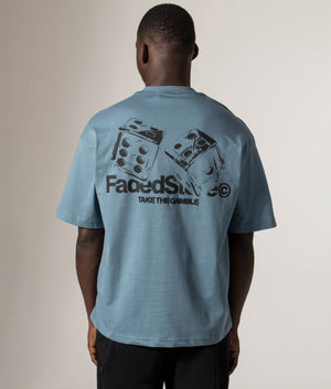 Relaxed Fit Take The Gamble T-Shirt in Dusky Blue. 100% Cotton | Barbour Lifestyle | Shot at EQVVS | Back model shot 