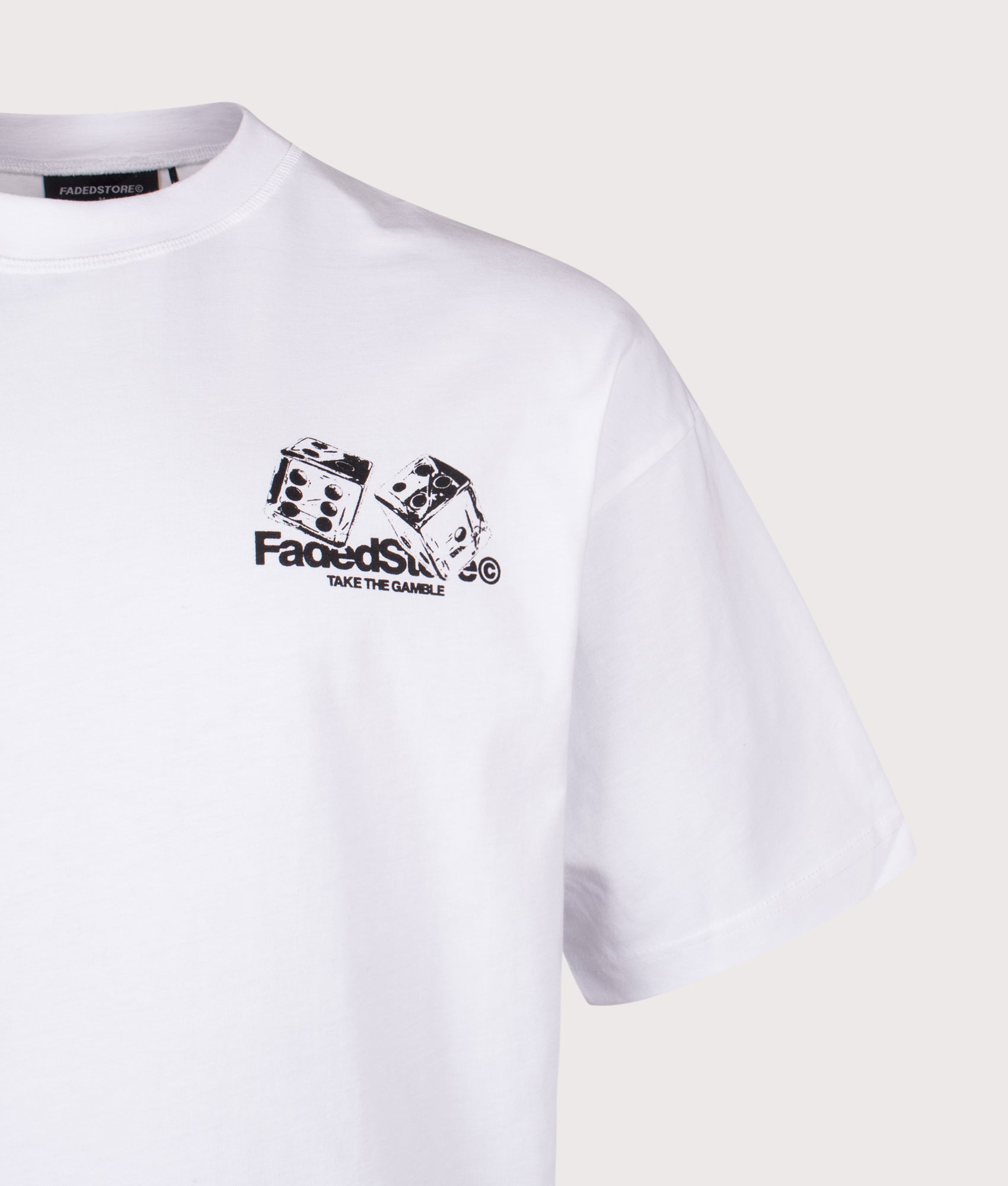 FADED Relaxed Fit Take The Gamble T-Shirt in White at EQVVS Menswear. Front detail shot. 