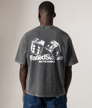 Faded Relaxed Fit Take The Gamble T-Shirt in Acid Wash at EQVVS Menswear. Model Back shot.