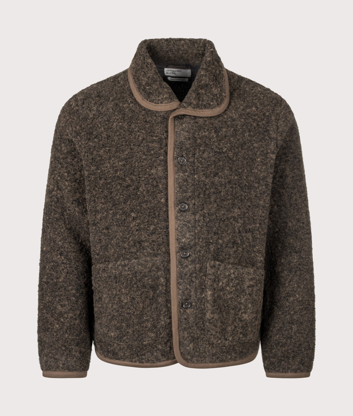 Universal Works Bouclet Fleece Lancaster Jacket in Brown at EQVVS Menswear. Front shot.