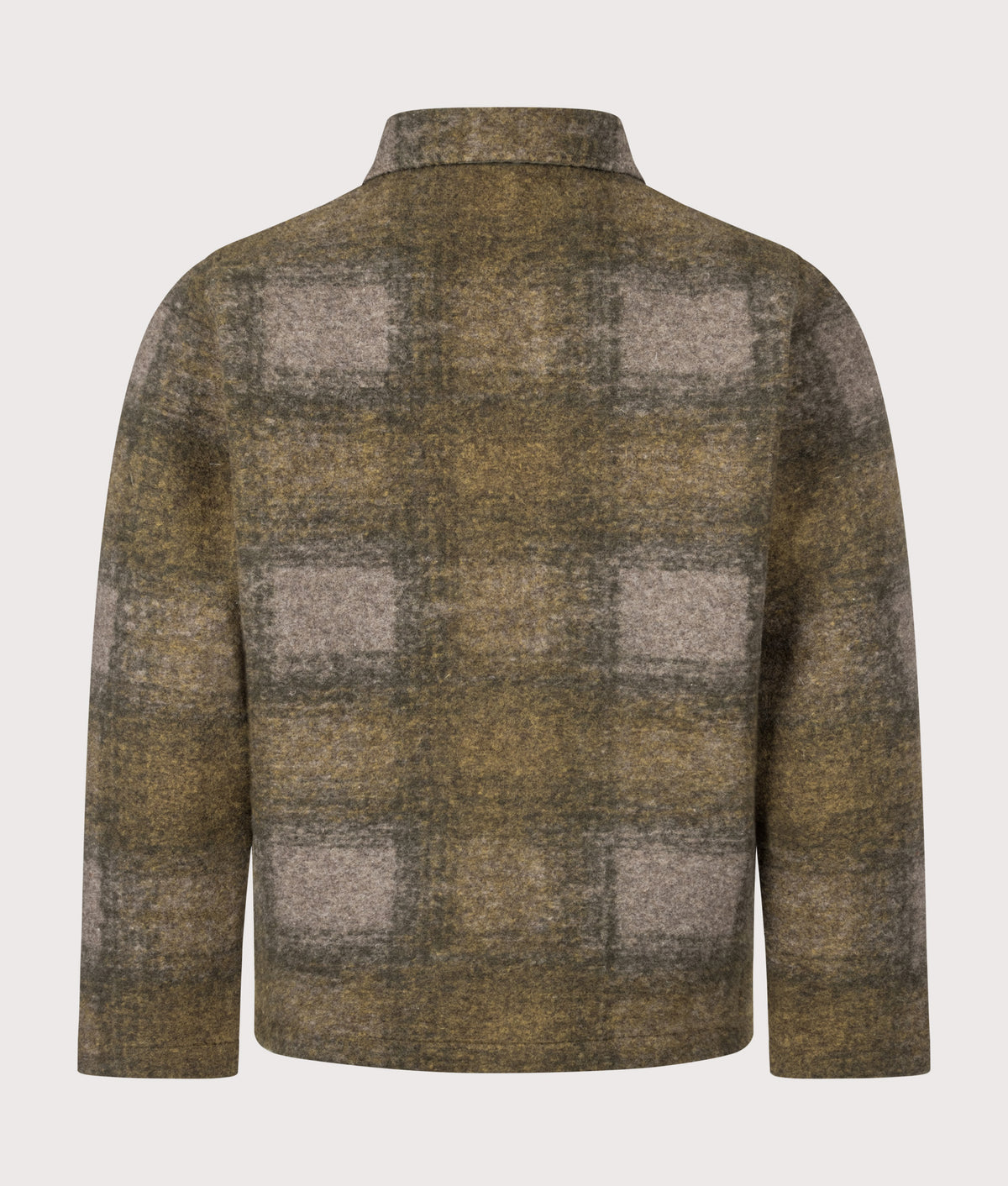 Universal Works Loose Fit Techno Melton Check Tag Jacket in Olive at EQVVS Menswear. Back shot.