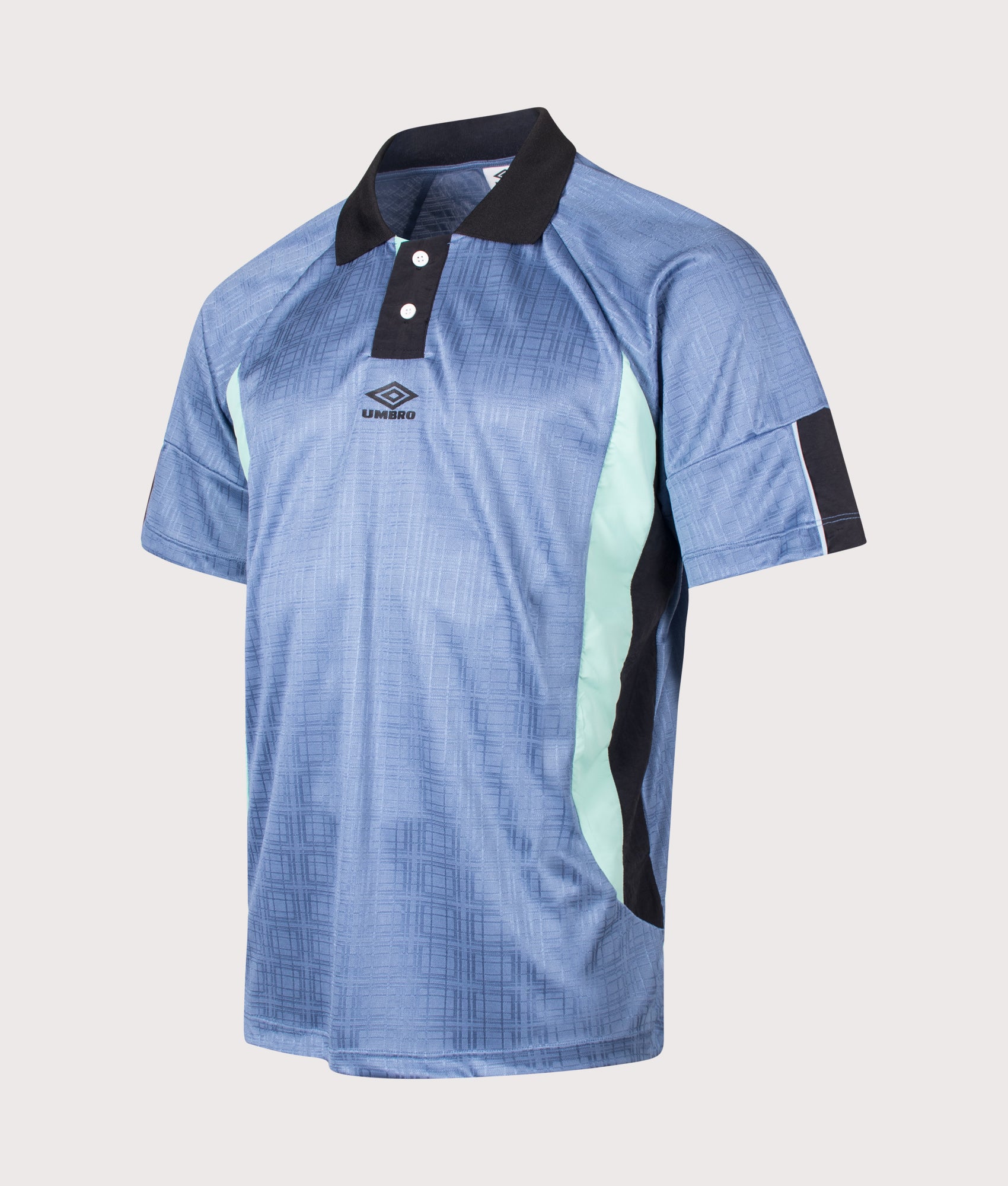 Umbro Football Shirt in Infinity, Black and Ocean Wave at EQVVS Menswear. Angled front shot. 
