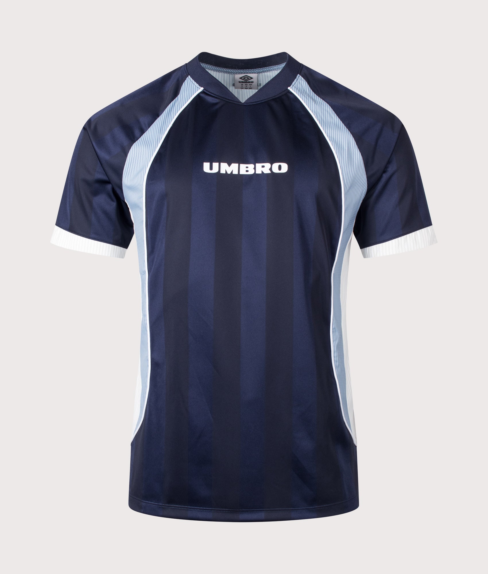 Umbro Relaxed Fit Panelled Raglan T-Shirt in Baritone Blue, Brilliant White and Blue Fog at EQVVS Menswear.  Front shot.