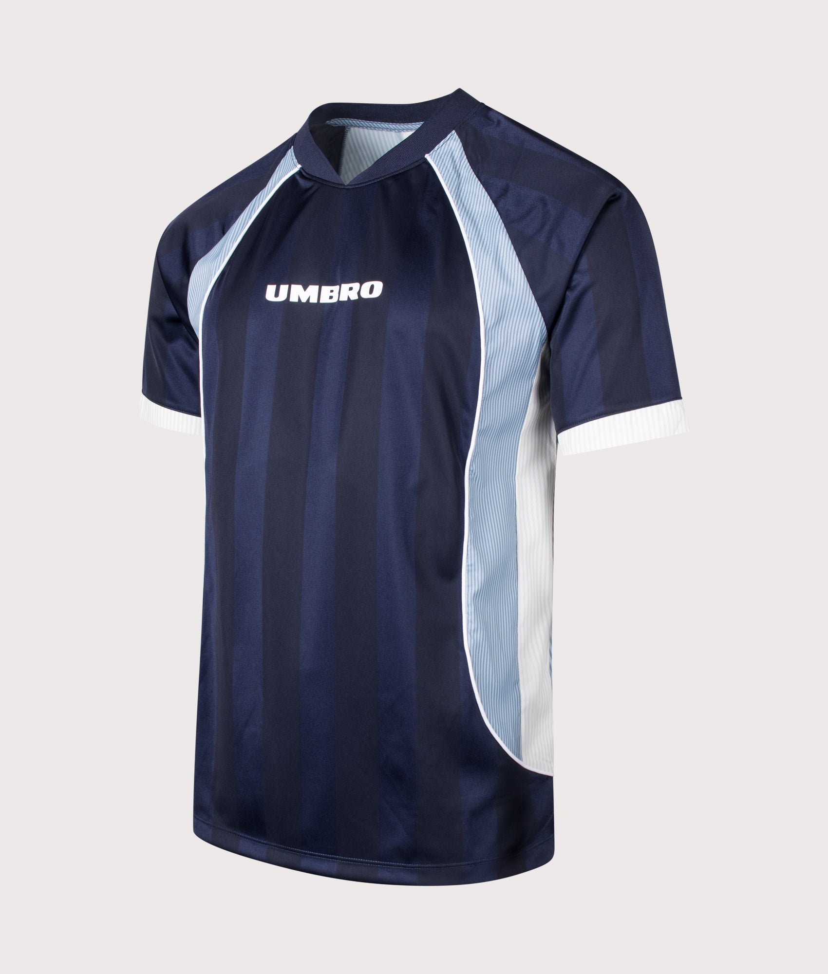 Umbro Relaxed Fit Panelled Raglan T-Shirt in Baritone Blue, Brilliant White and Blue Fog at EQVVS Menswear. Angled front shot.