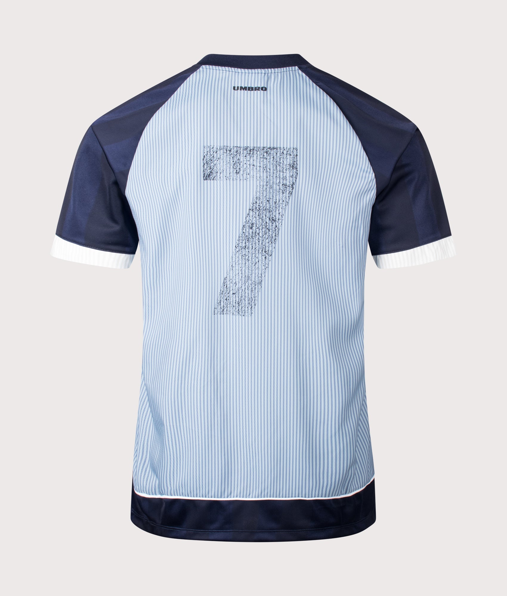 Umbro Relaxed Fit Panelled Raglan T-Shirt in Baritone Blue, Brilliant White and Blue Fog at EQVVS Menswear. Back shot.