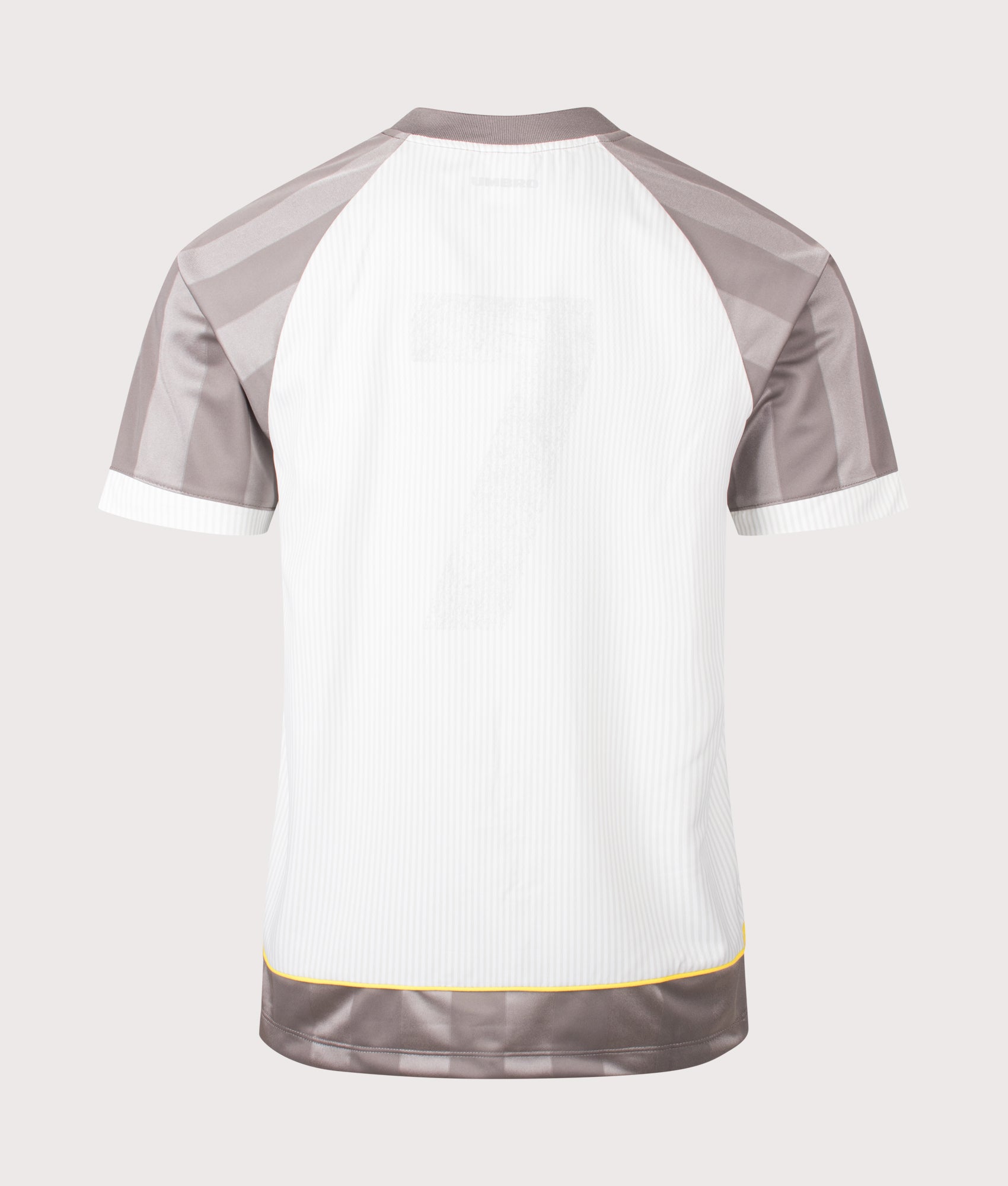 Umbro Relaxed Fit Panelled Raglan T-Shirt in Brushed Nickel, Brilliant White and Blazing Yellow at EQVVS Menswear. Back shot.