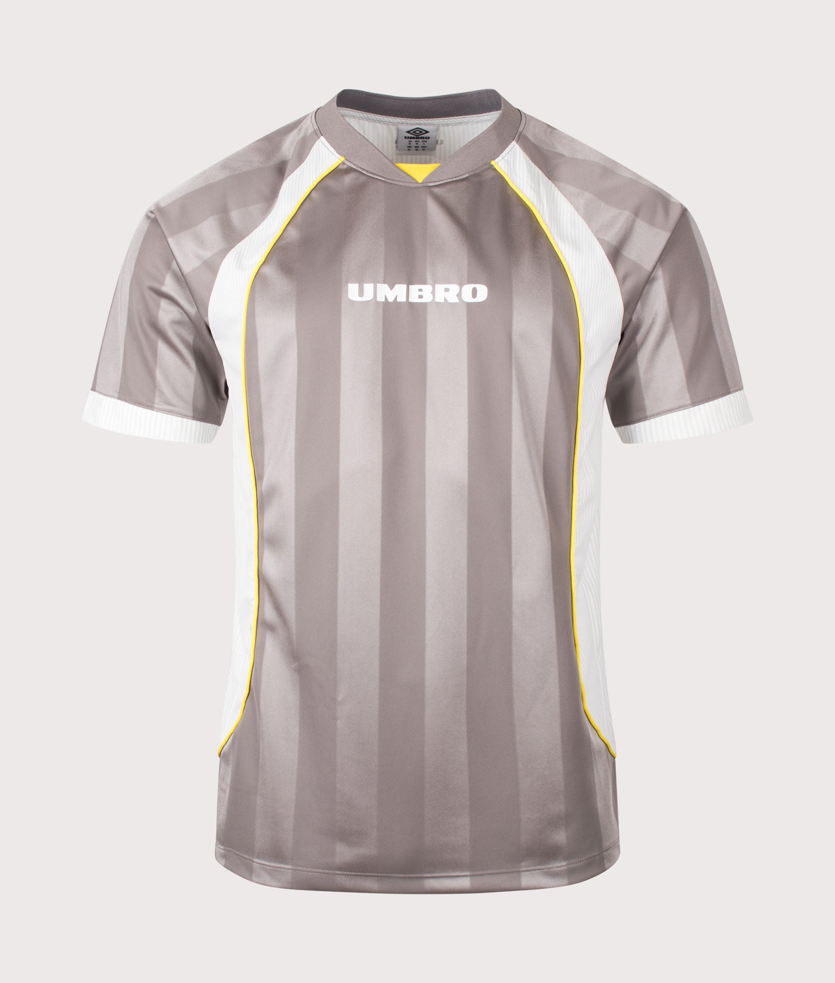 Umbro Relaxed Fit Panelled Raglan T-Shirt in Brushed Nickel, Brilliant White and Blazing Yellow at EQVVS Menswear. Front shot.