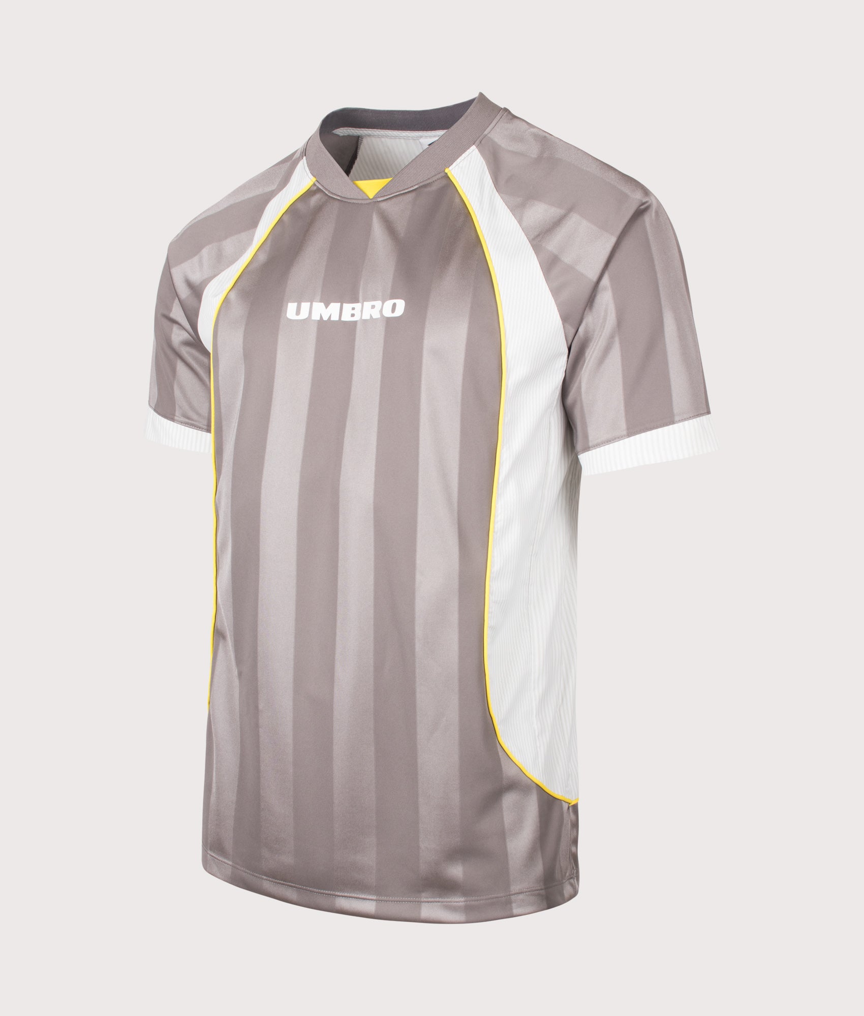 Umbro Relaxed Fit Panelled Raglan T-Shirt in Brushed Nickel, Brilliant White and Blazing Yellow at EQVVS Menswear. Angled front shot.