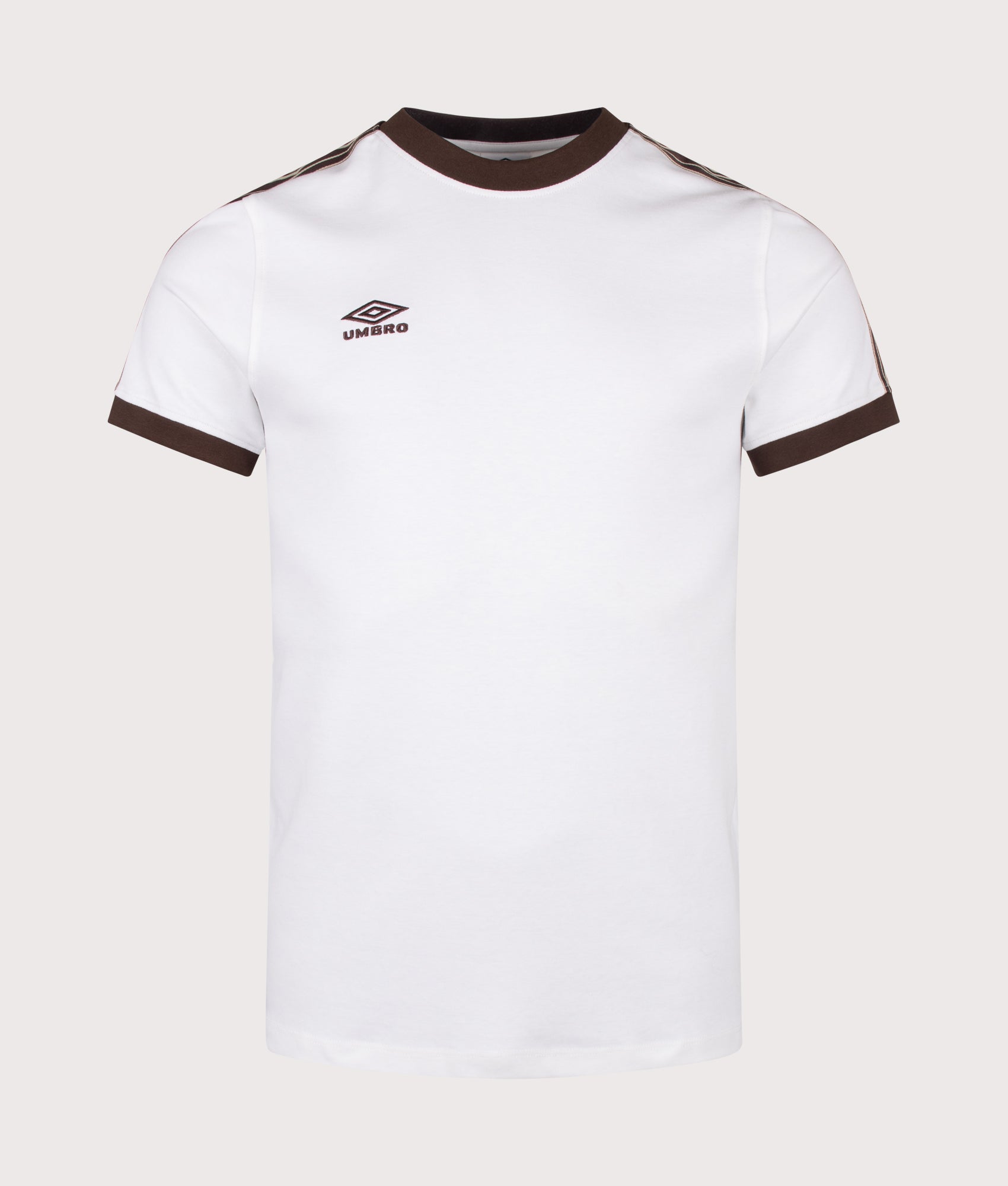 Umbro Taped T-Shirt in Brilliant White and Demitasse at EQVVS Menswear. Front shot.