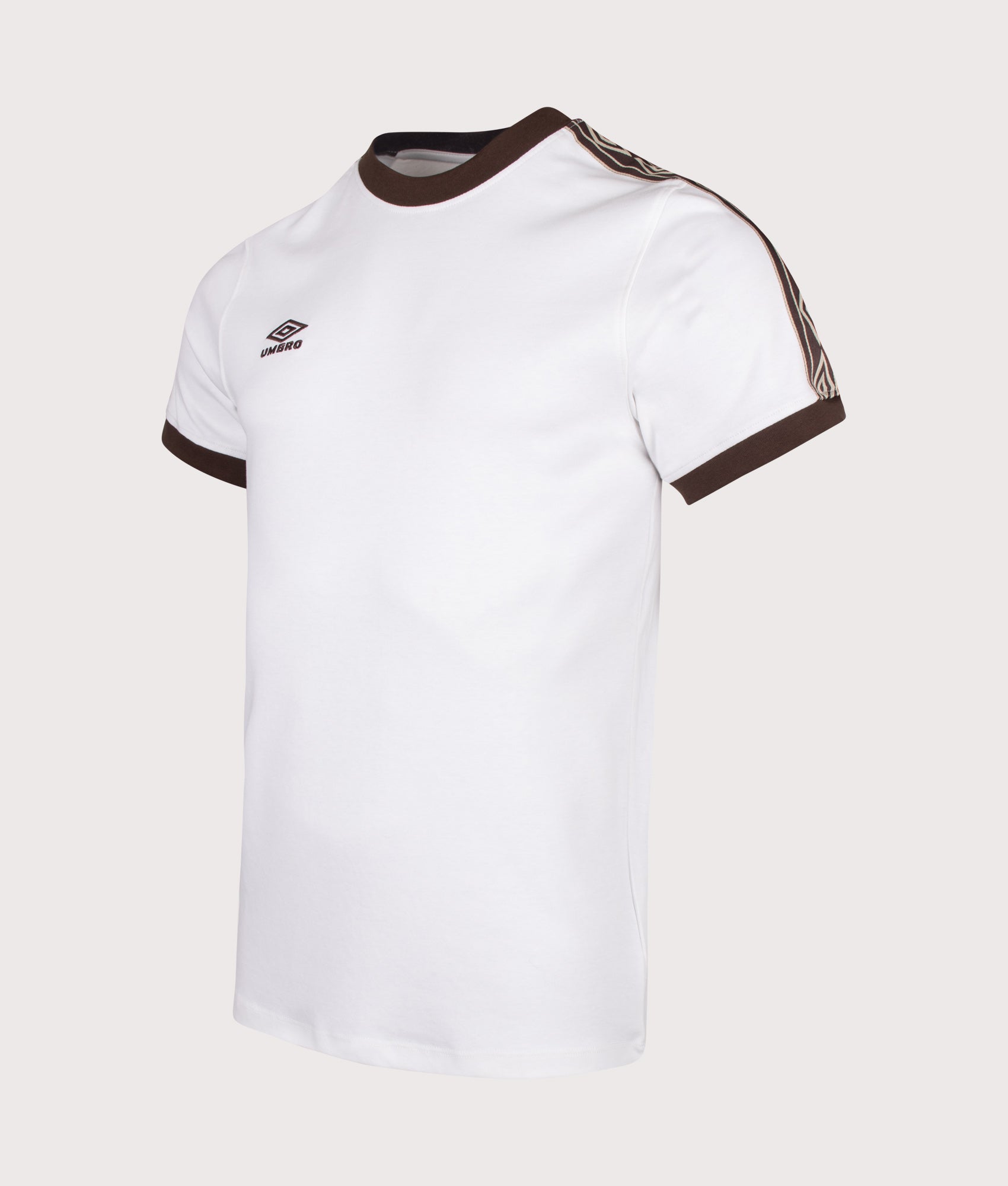 Umbro Taped T-Shirt in Brilliant White and Demitasse at EQVVS Menswear. Angled front shot.