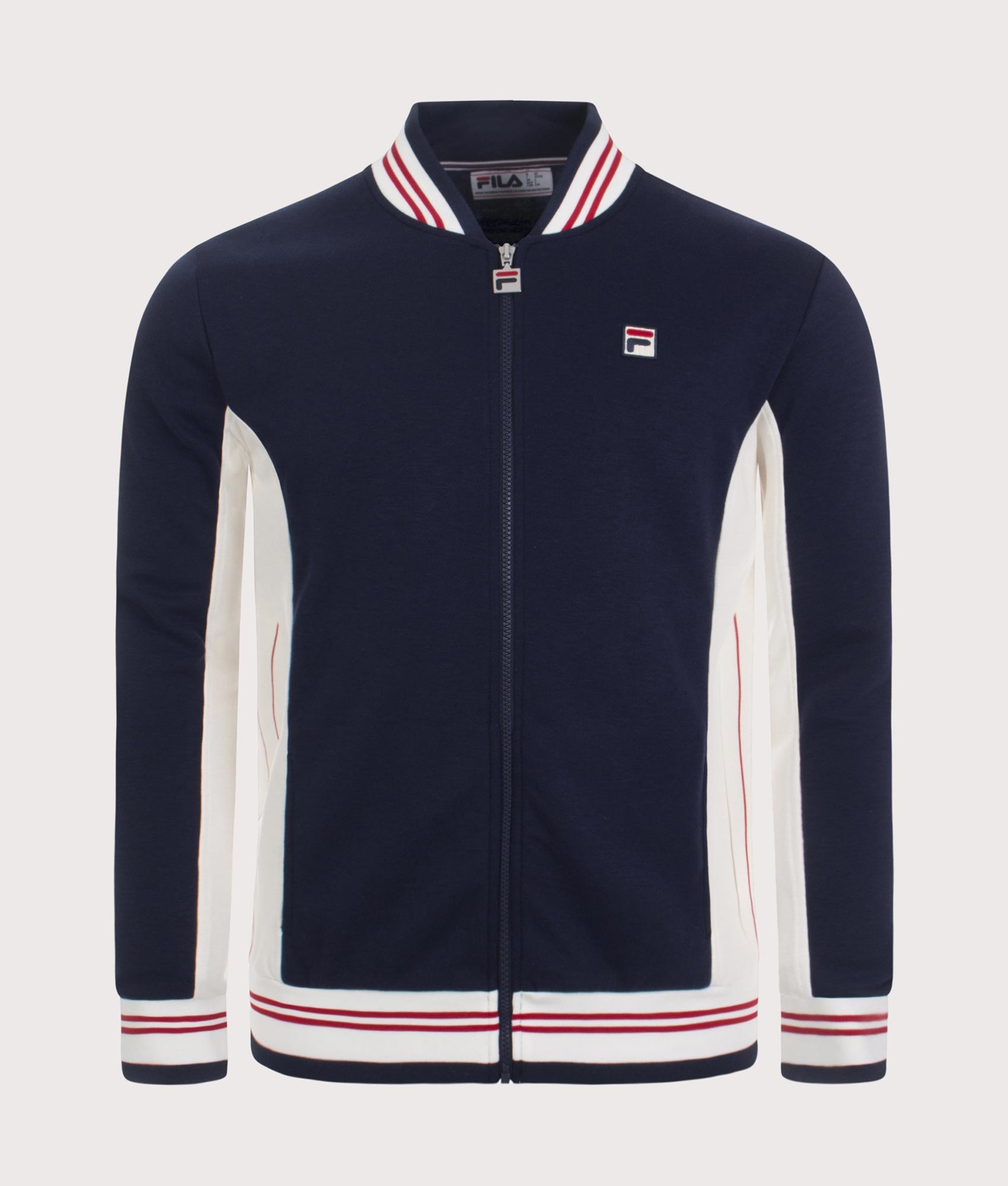 FILA Settanta Baseball Track Jacket in Peacoat, Gardenia and Chinese Red at EQVVS Menswear. Front shot.