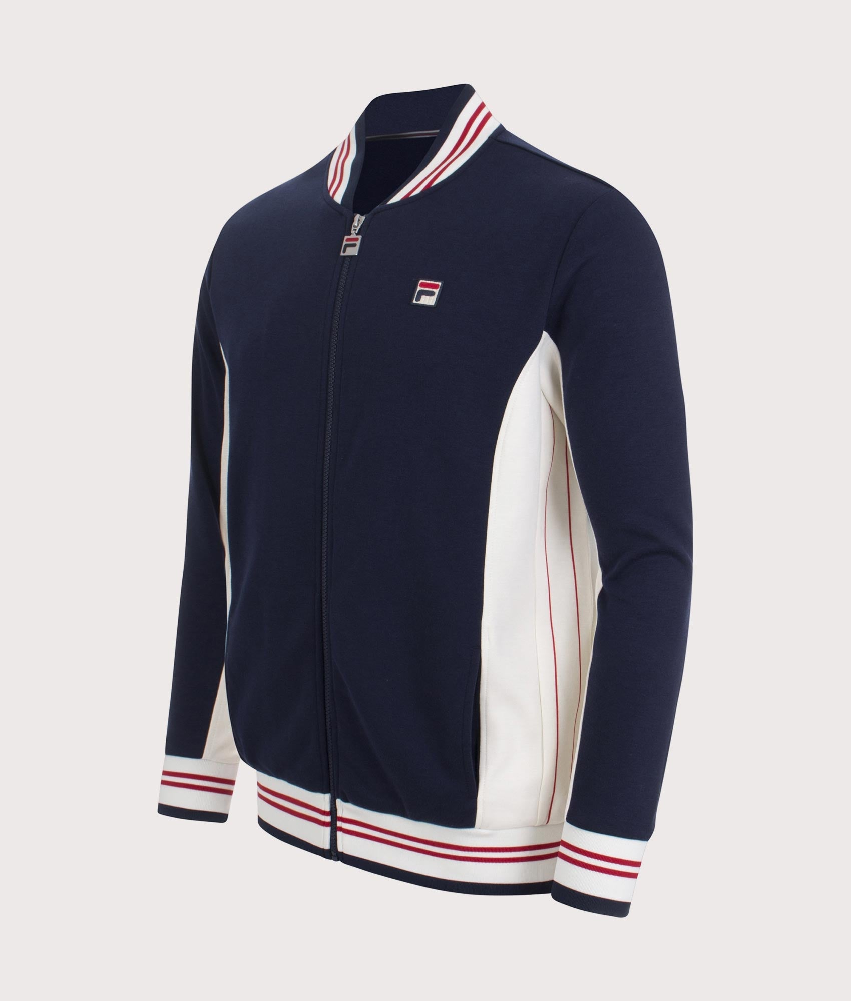 FILA Settanta Baseball Track Jacket in Peacoat, Gardenia and Chinese Red at EQVVS Menswear. Angled front shot.
