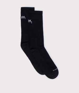 A-COLD-WALL* Bracket Socks in Onyx Black with White Ankle and Toe Branding Wide Shot at EQVVS