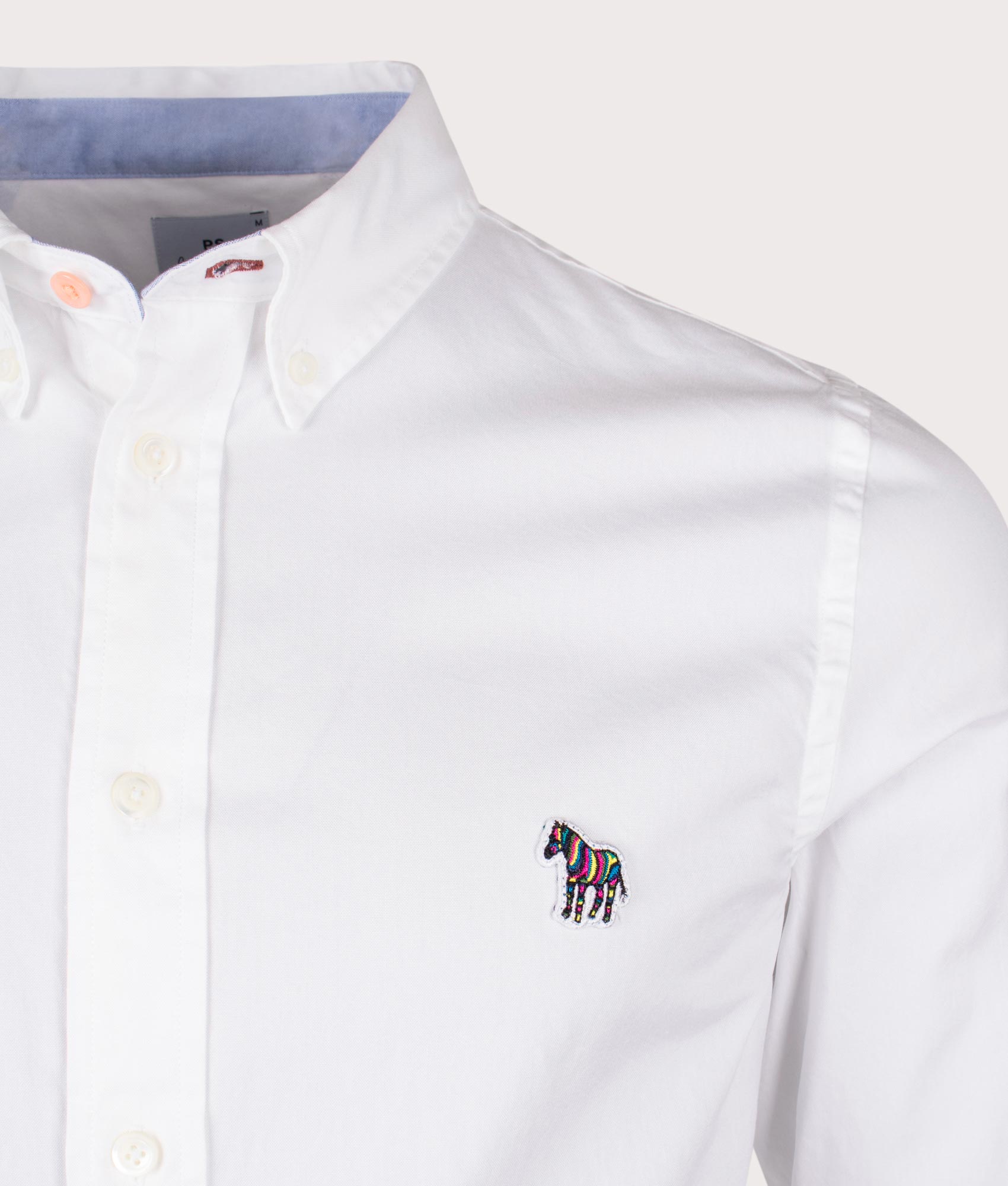 PS Paul Smith Slim Fit Long Sleeve Zebra Shirt in White. Detail angle shot at EQVVS.