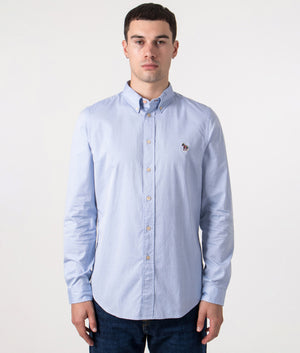 PS Paul Smith Slim Fit Long Sleeve Zebra Shirt in Petrol Blue, 100% Organic Cotton at EQVVS Menswear front model shot