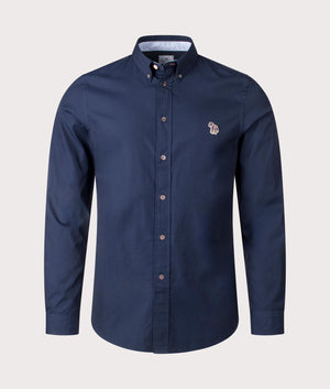 PS Paul Smith Slim Fit Long Sleeve Zebra Shirt in Inky Blue, 100% Organic Cotton. At EQVVS Menswear. Front detail shot