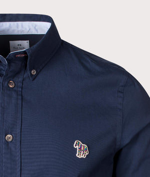 PS Paul Smith Slim Fit Long Sleeve Zebra Shirt in Inky Blue, 100% Organic Cotton. At EQVVS Menswear. Front logo shot