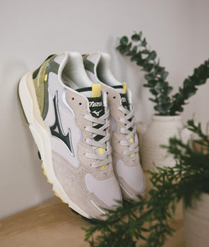 Mizuno Sky Medal B Sneakers in Silver Cloud/Urban Chic/White Campaign Shot at EQVVS