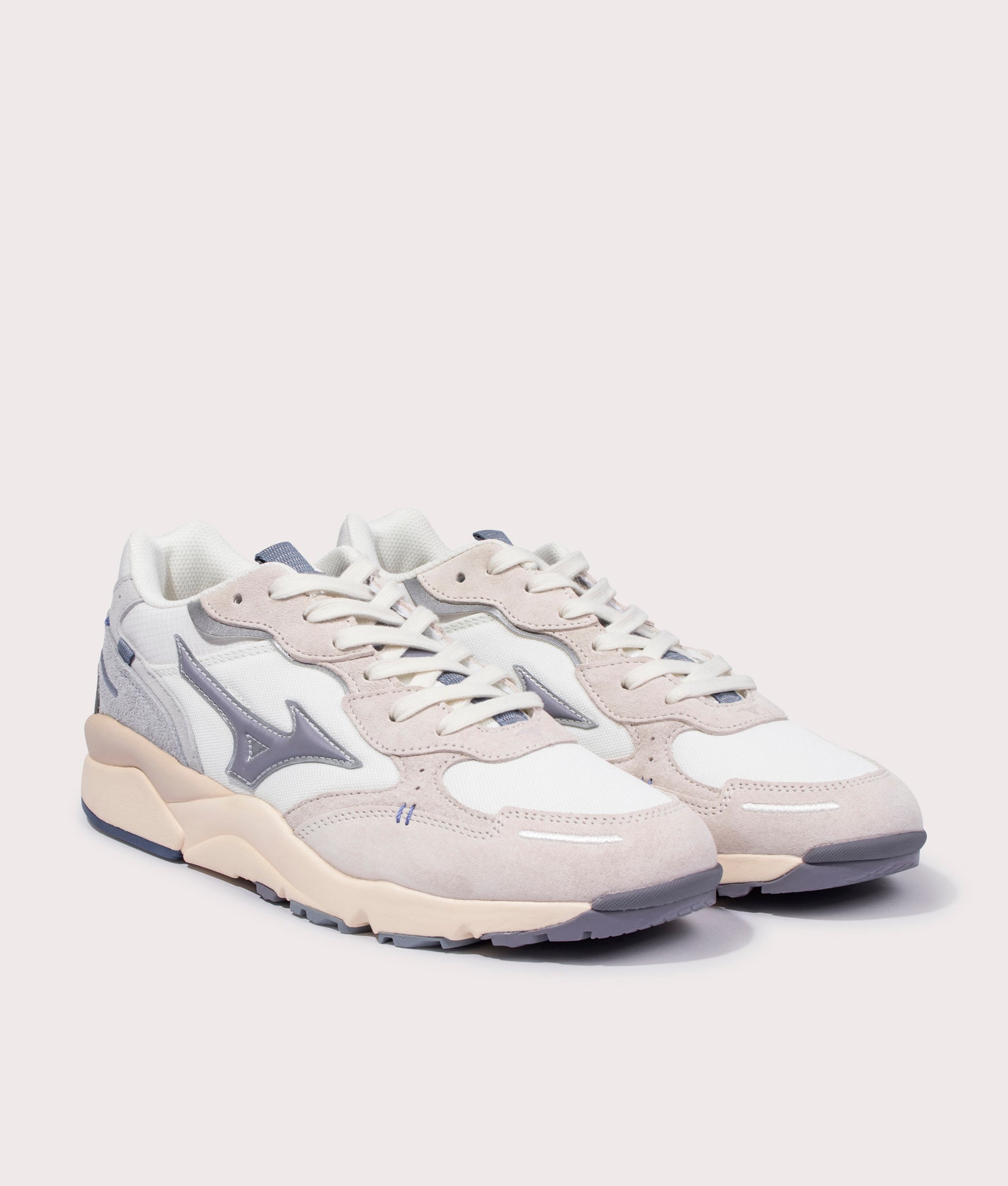 Mizuno Sky Medal B Sneakers in White Sand/Quicksilver/Snow White Angle Shot at EQVVS