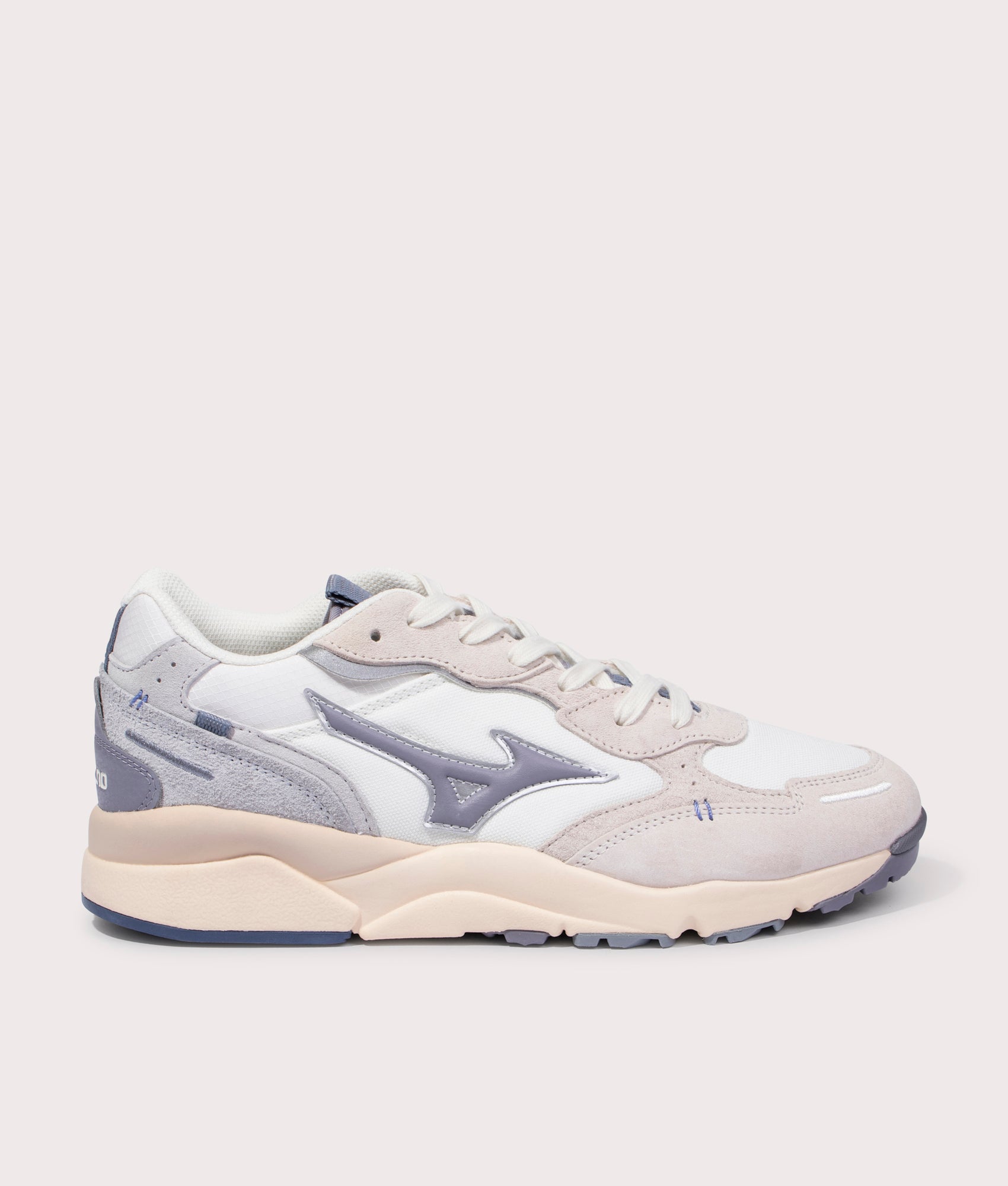 Mizuno Sky Medal B Sneakers in White Sand/Quicksilver/Snow White Side Shot at EQVVS